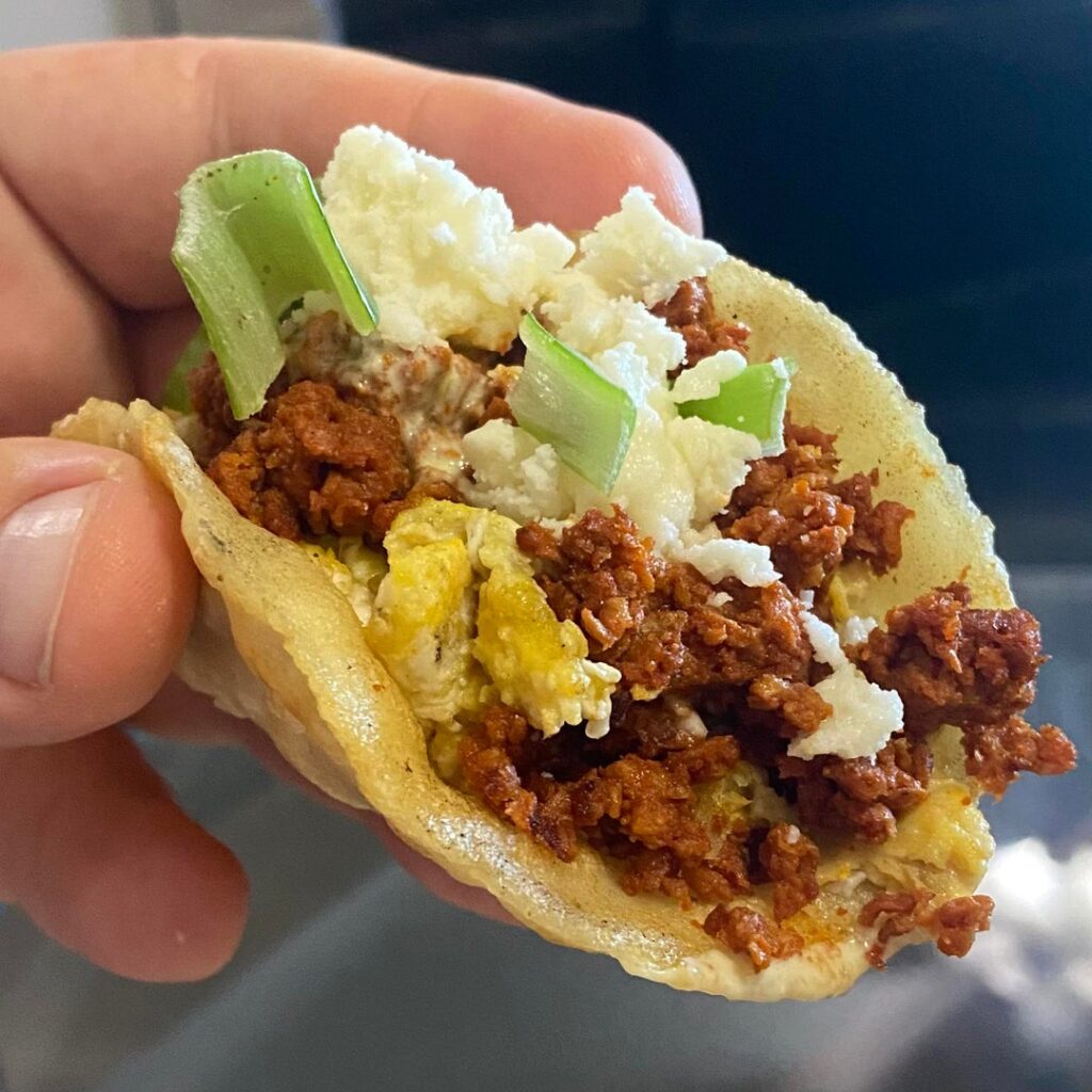 Breakfast tacos with egg and soy chorizo