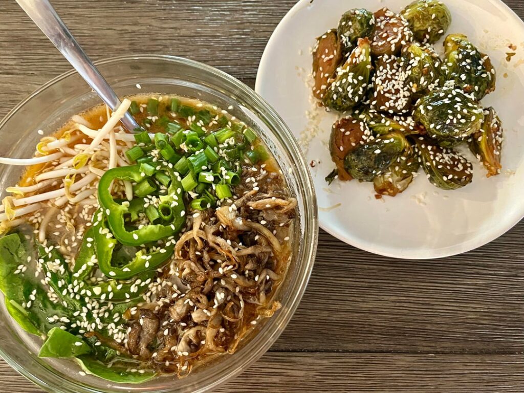 Pho/ramen combo with Asian brussels sprouts. Recipes in pictures 2 and 3!