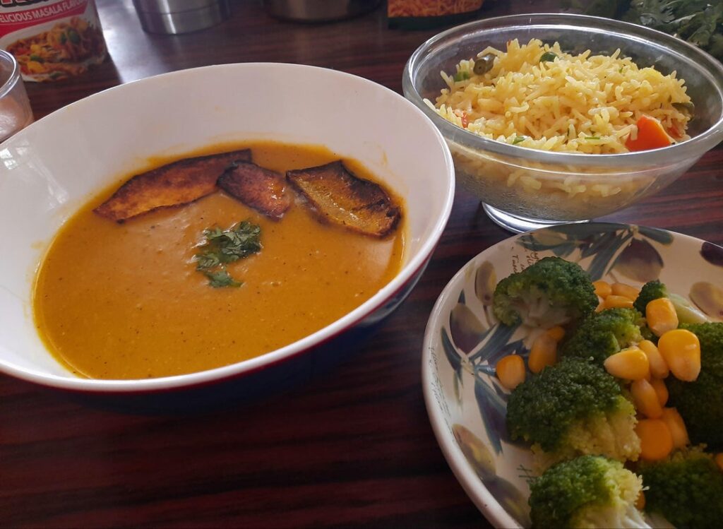 Sunday lunch- pumpkin soup,pulao and broccoli corn