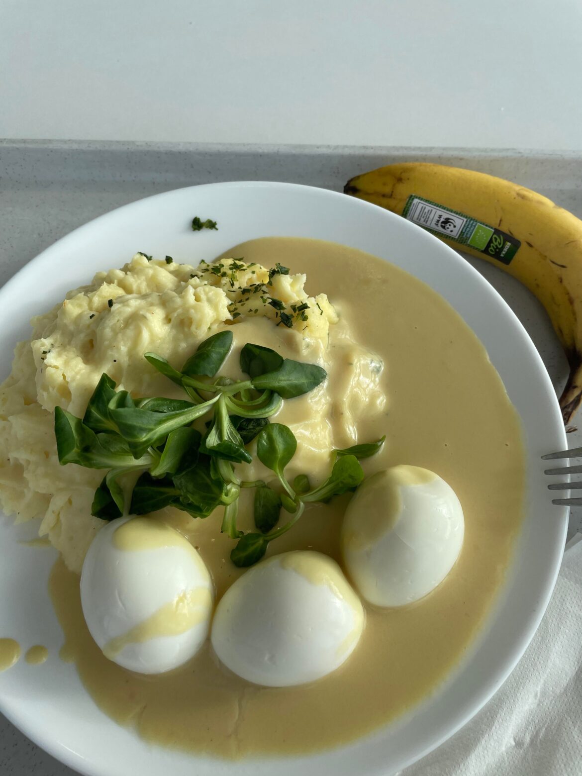 What do you think about the veggie option at my work? 3,85€ (ext 5€) three eggs, mustard sauce and mash potatoes