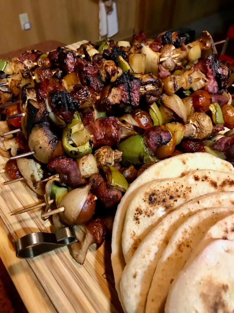 Grilled Beef Tenderloin Kabobs served in homemade pitas.
