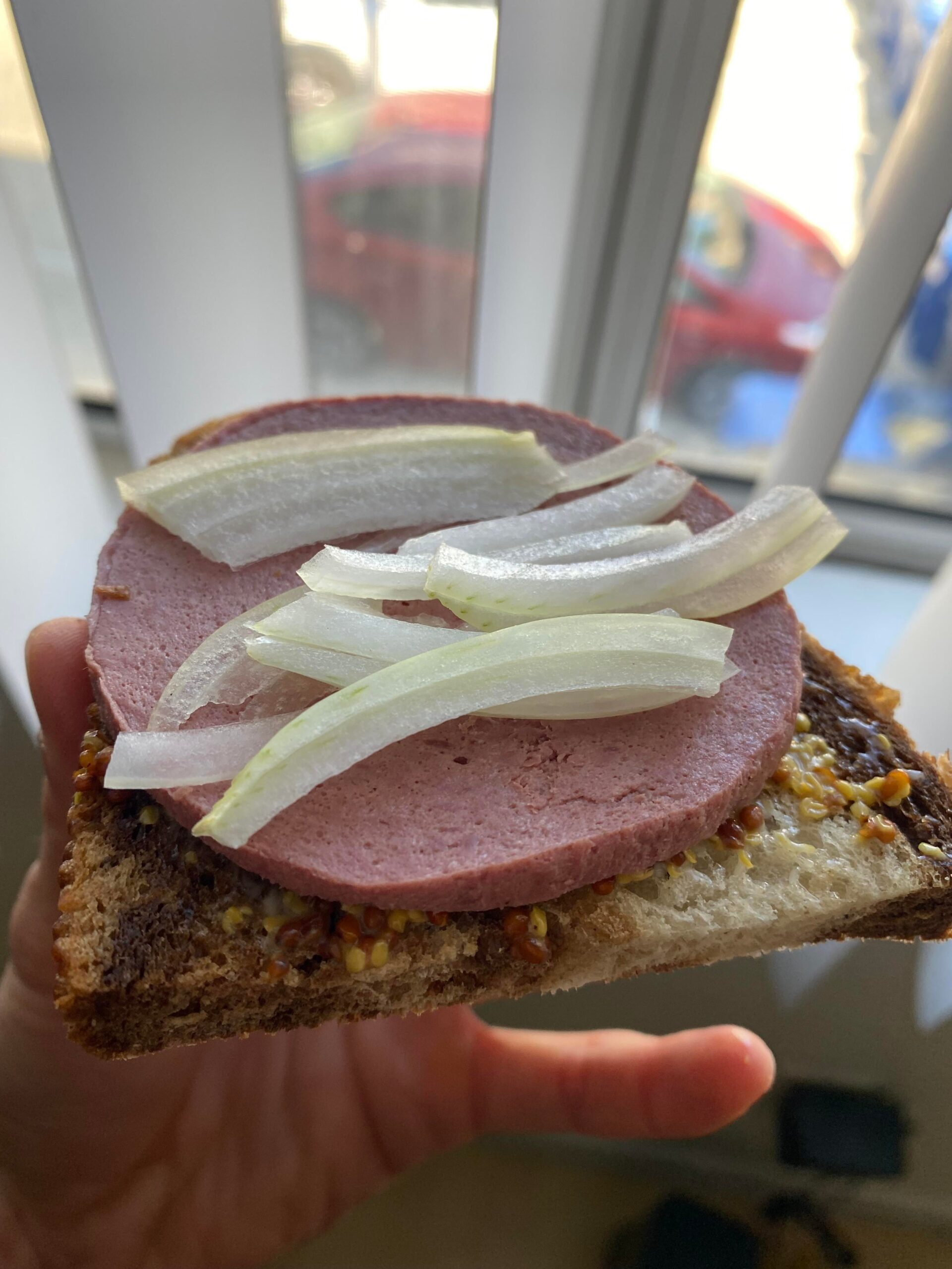 Braunschweiger on rye with mayo, whole grain mustard, and onions