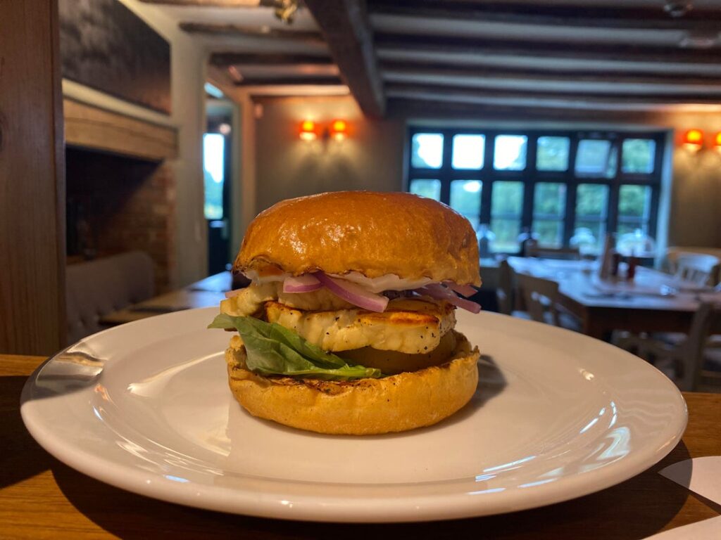 halloumi, peach, basil and pickled onion sandwich