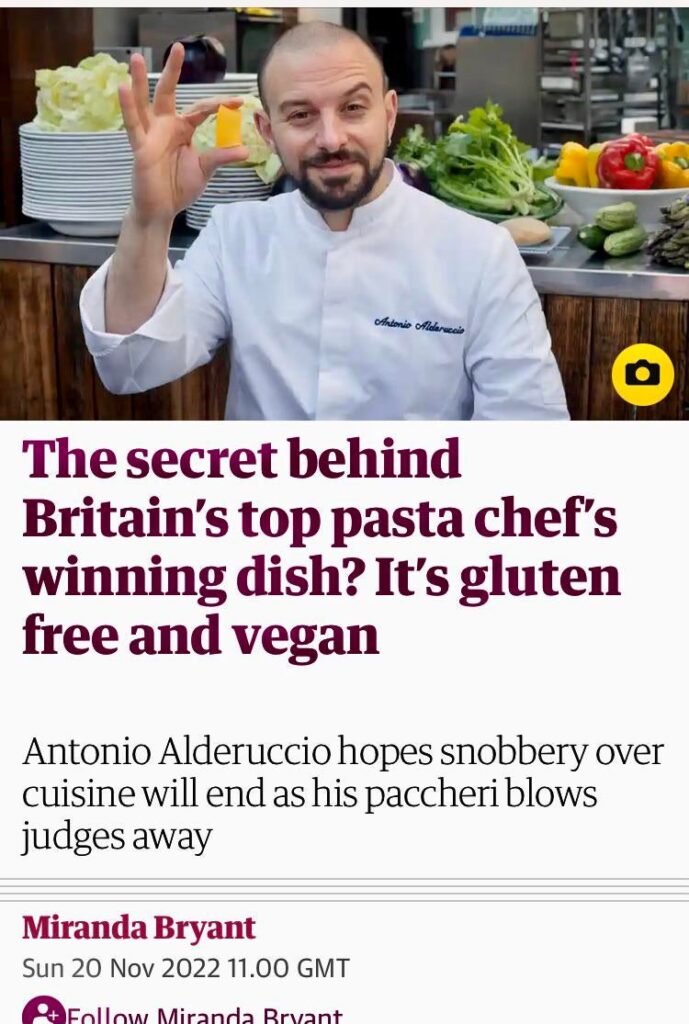 At the cutting edge of food - Britain’s pasta chef of the year won with a gluten free pasta and vegan mozzarella style cheese from the Federation of Italian Chefs (FIC).