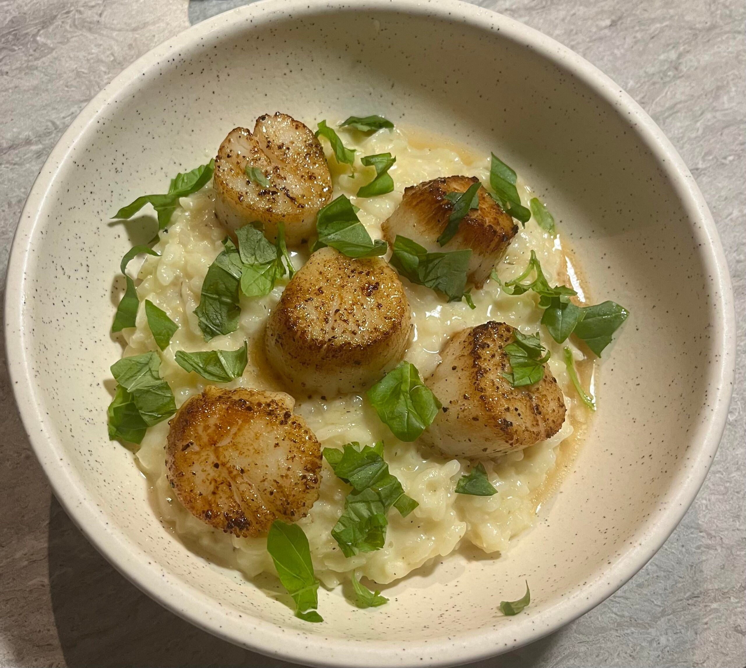 Seared Scallops with Lemon Mascarpone Risotto and Fresh Basil Dining