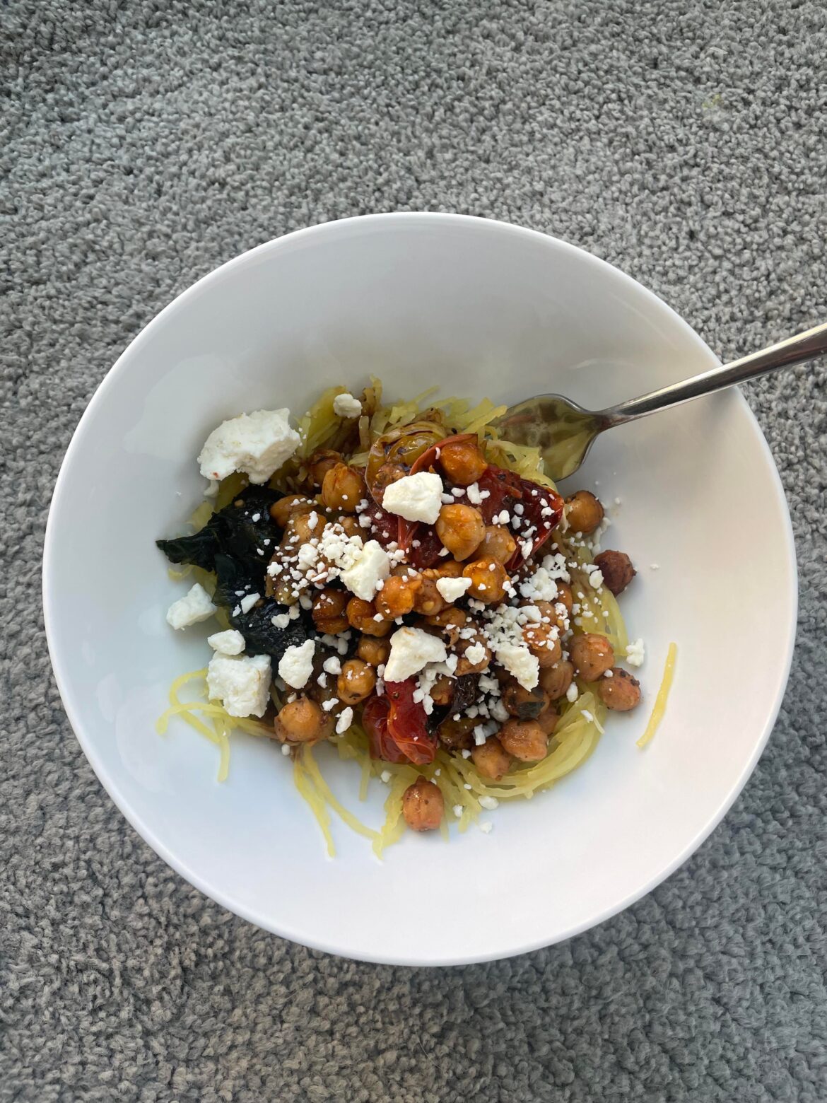 Spaghetti squash with roasted chickpeas, tomatoes, and spinach
