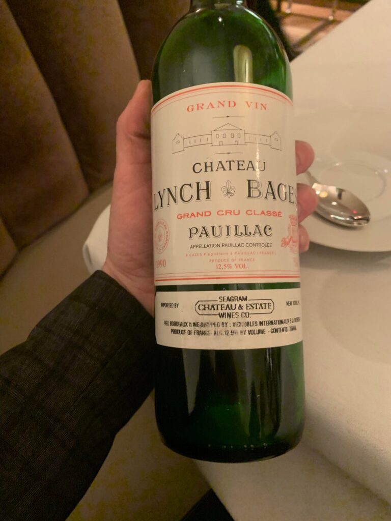 Forgive the lack of a picture of the Krug- 1990 Cheateau Lynch Bages, 1966 Château Beychevelle, and the glass pictured is an 04 Krug. Also had a non vintage ployez jaquemart rose and a Château D’Yquem 07