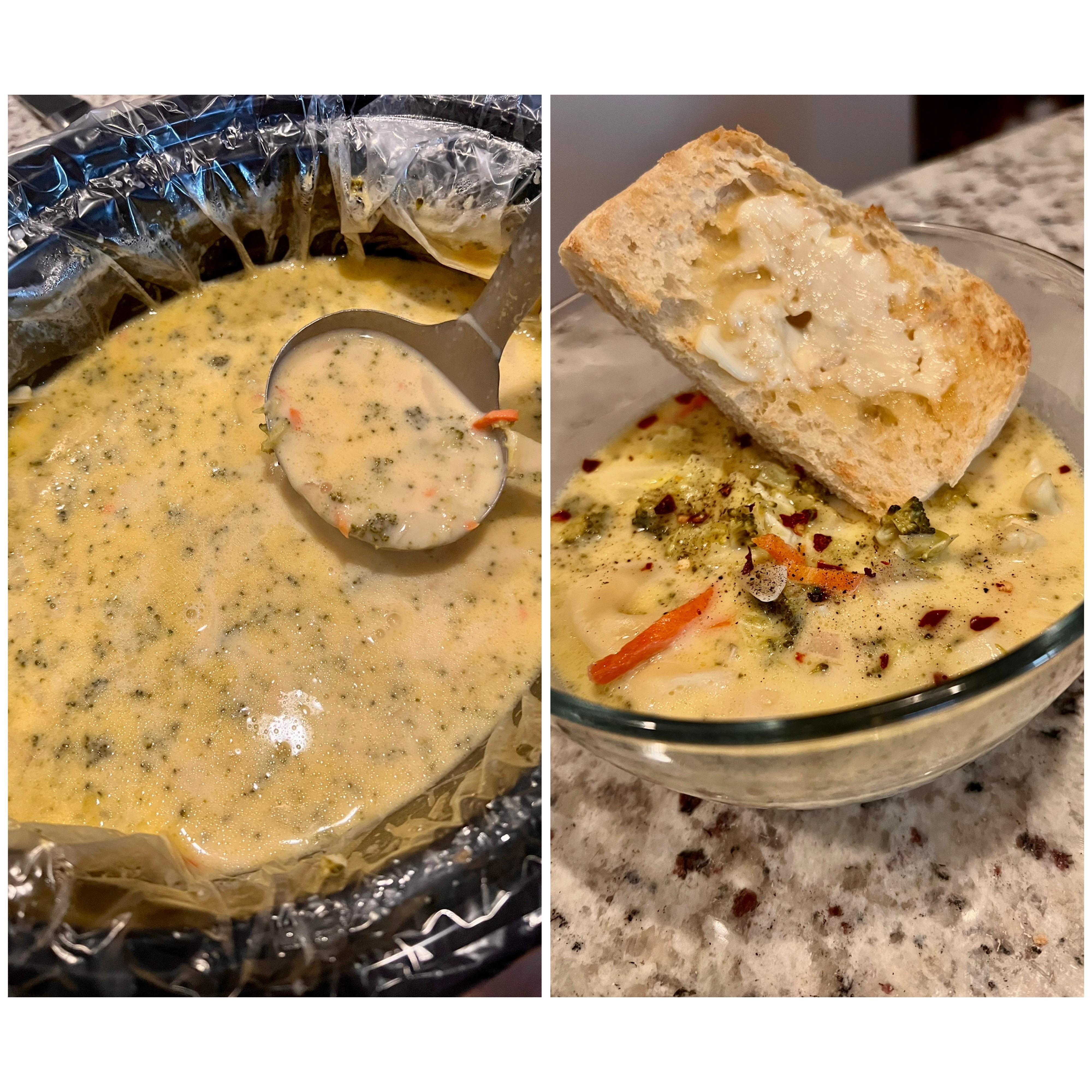 Homemade slow cooker broccoli and cheddar soup with ciabatta bread