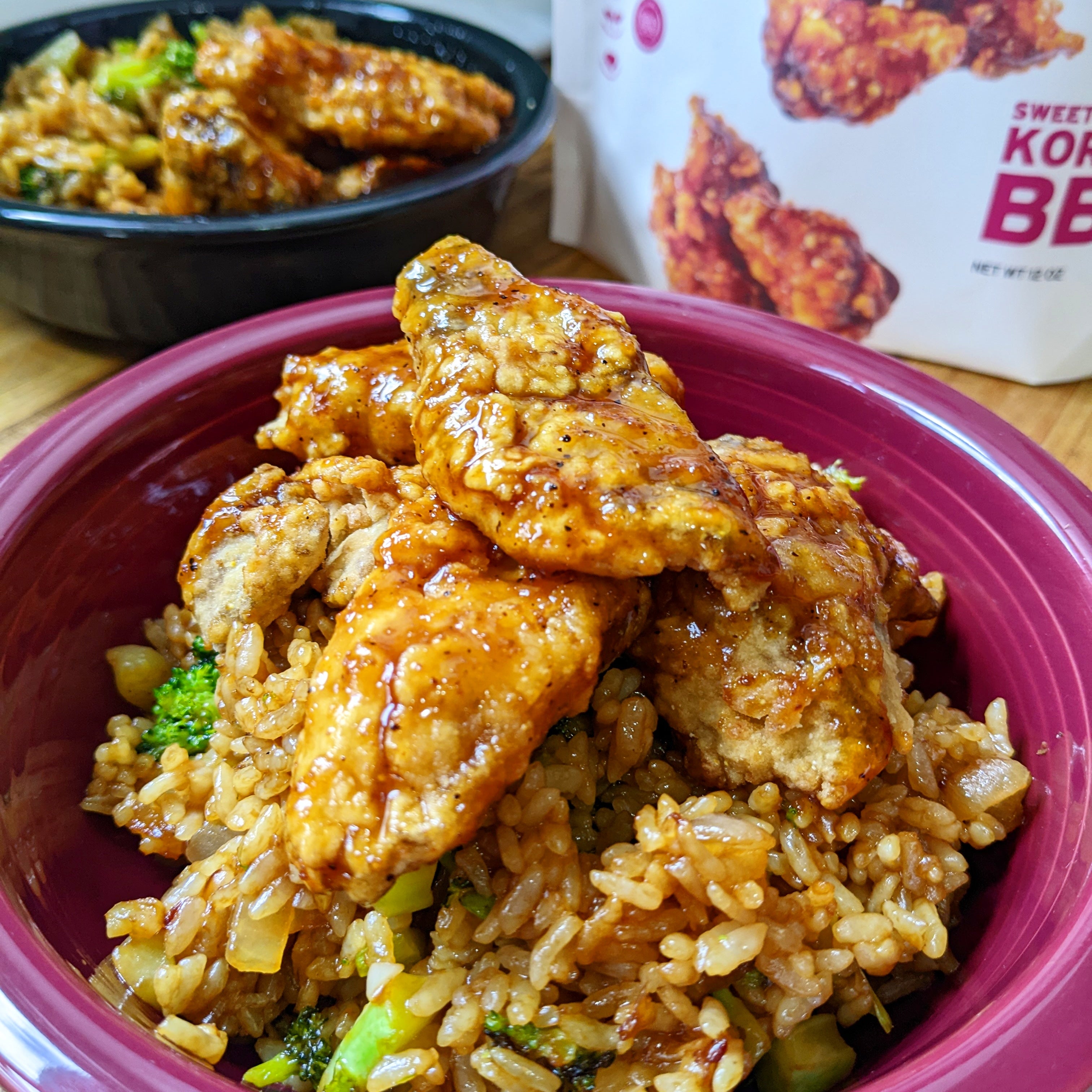 Korean BBQ seitan wings on fried rice. Dining and Cooking