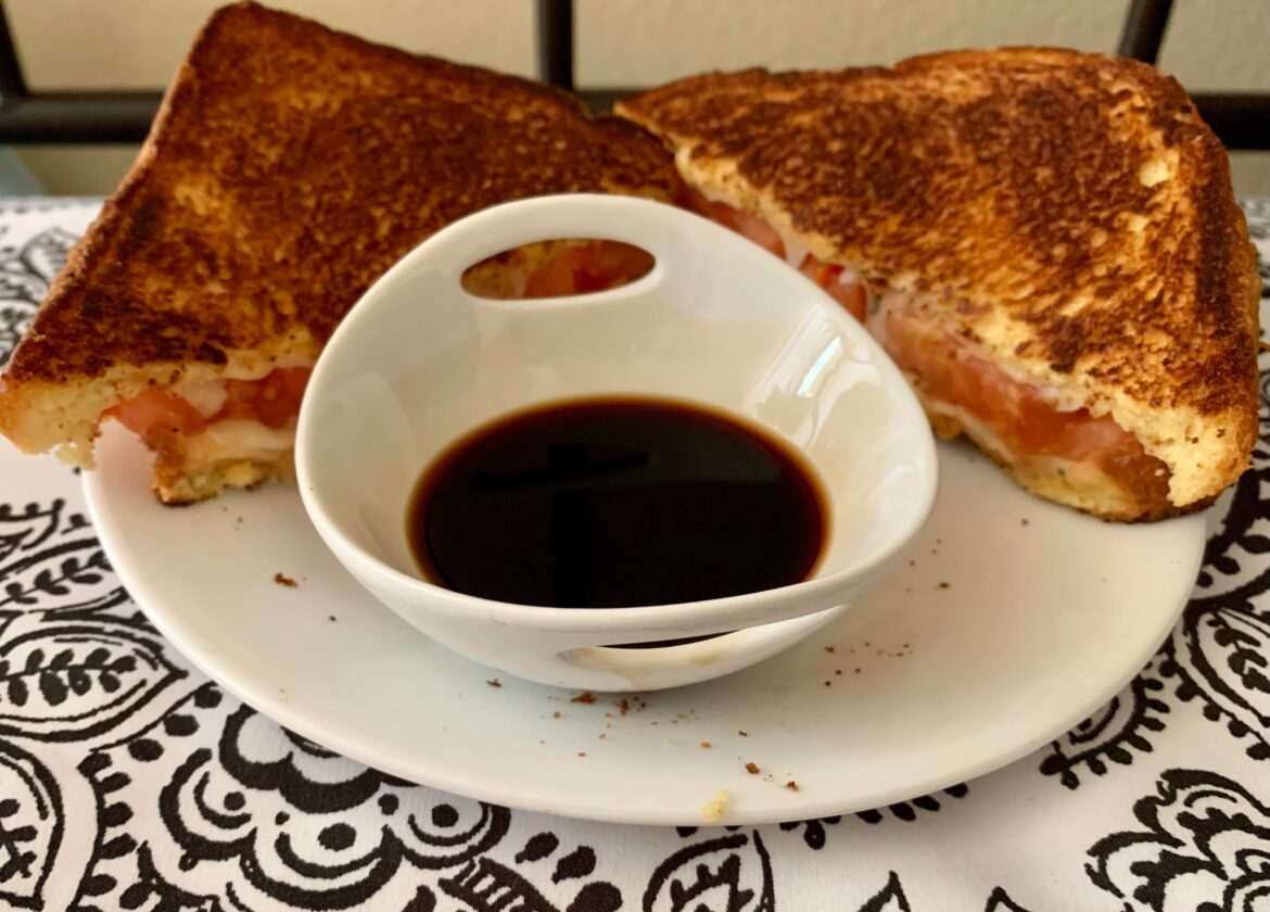 Fancy Grilled Cheese: Not the best picture, and the bread was a bit overdone, but this is tomato and provolone grilled with a bit of basil. The dip is balsamic vinegar.