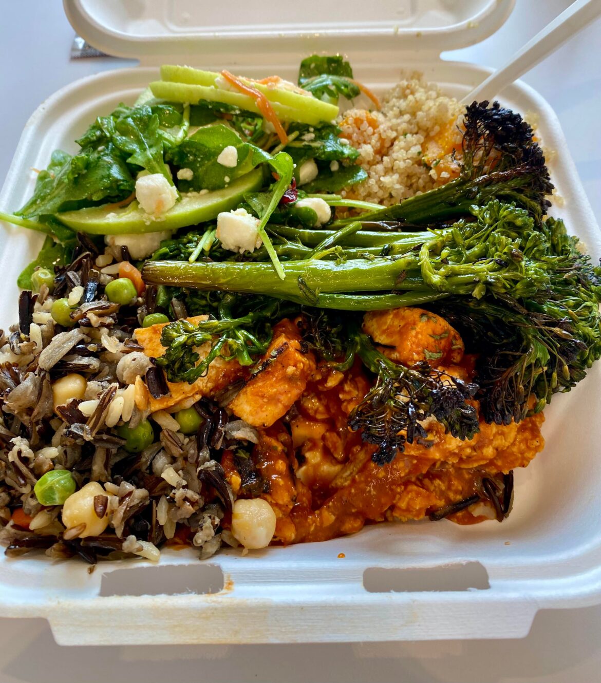 My office cafeteria does things well: BBQ tofu, wild rice with veggies, roasted broccolini, quinoa with butternut squash, fall apple-cranberry salad with feta and walnuts.