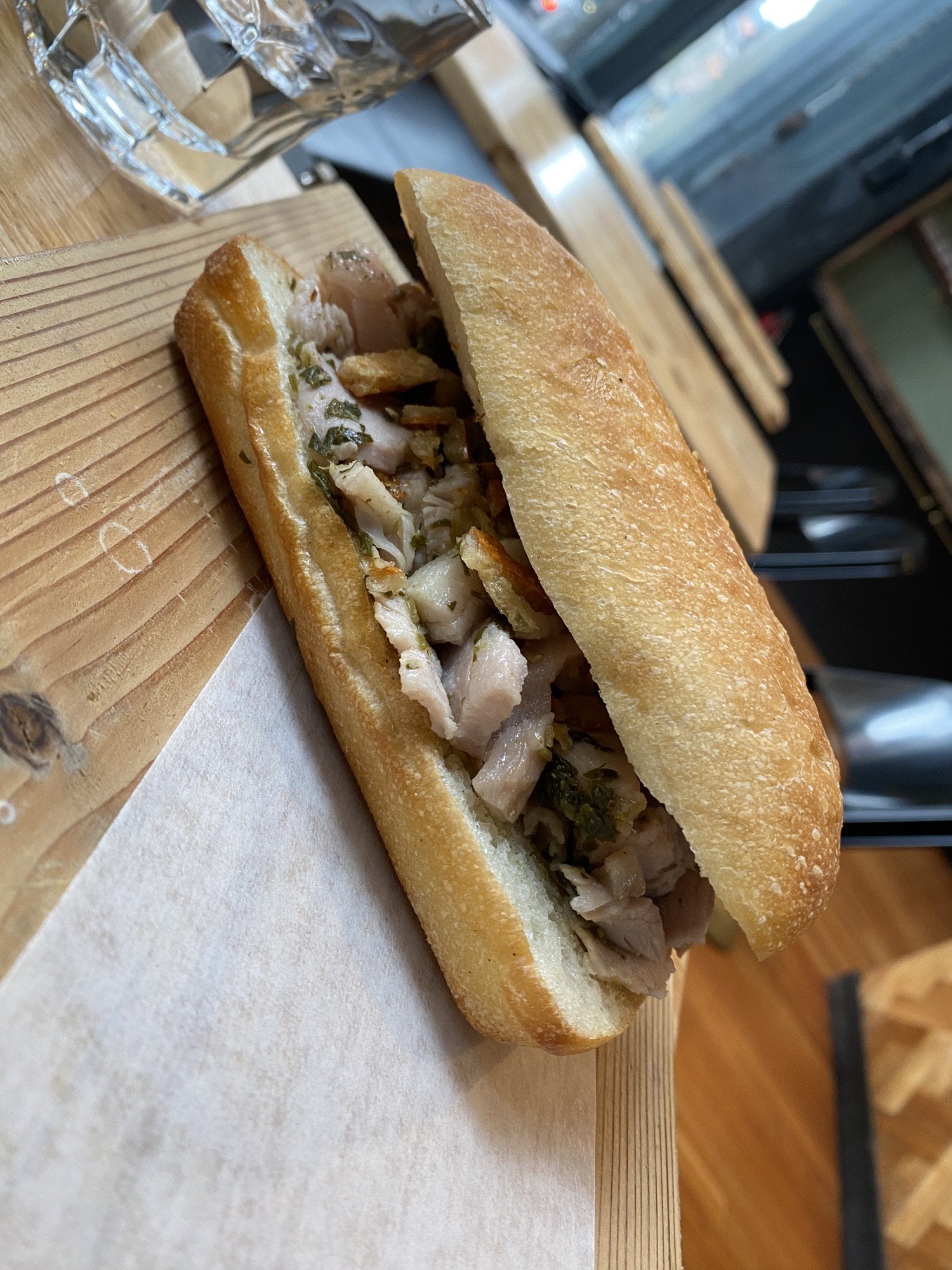 Porchetta on ciabatta with crackling and salsa verde Dining and Cooking