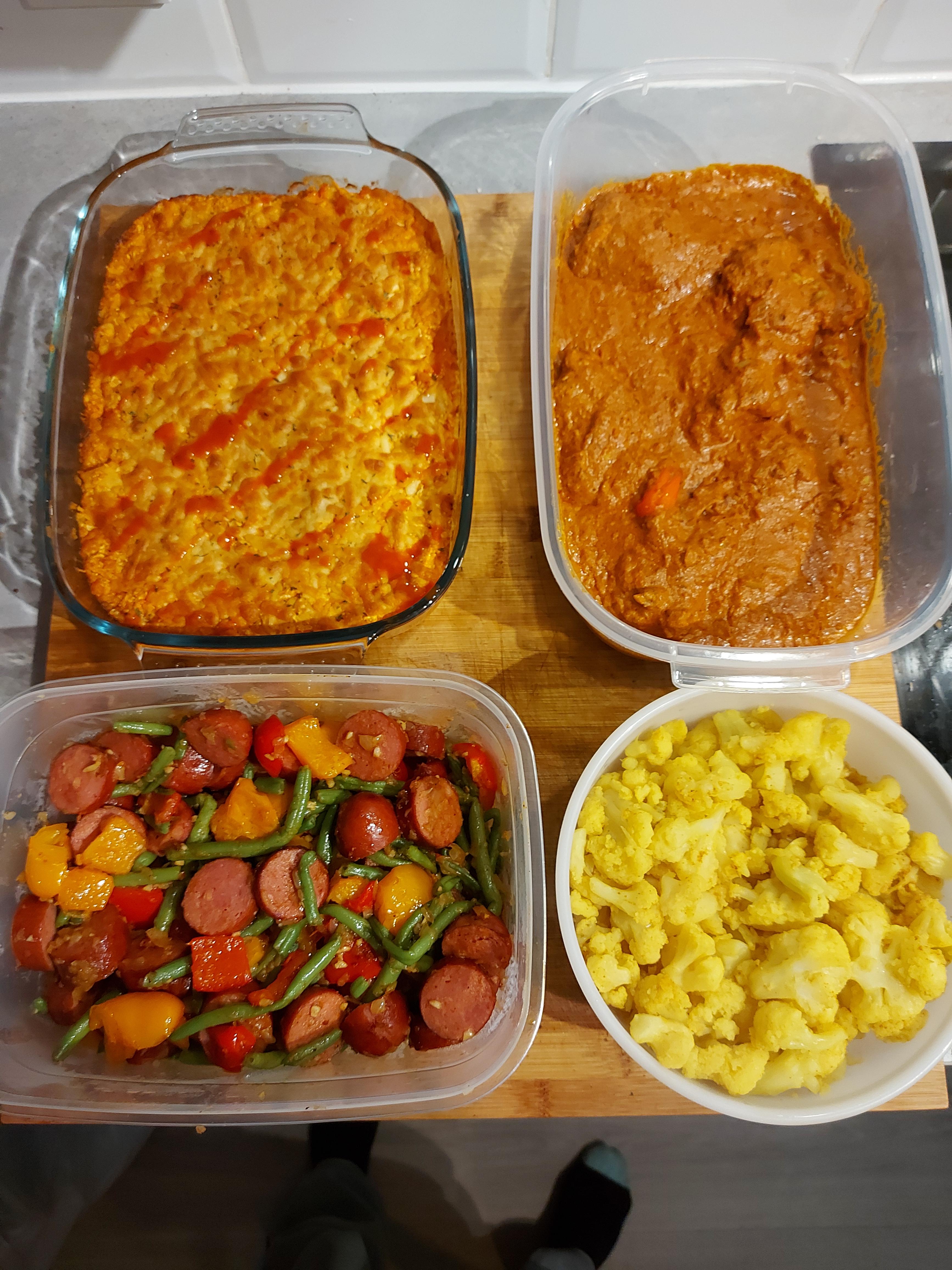 Lowcarb meal prep kielbasa and veg, butter chicken curry and