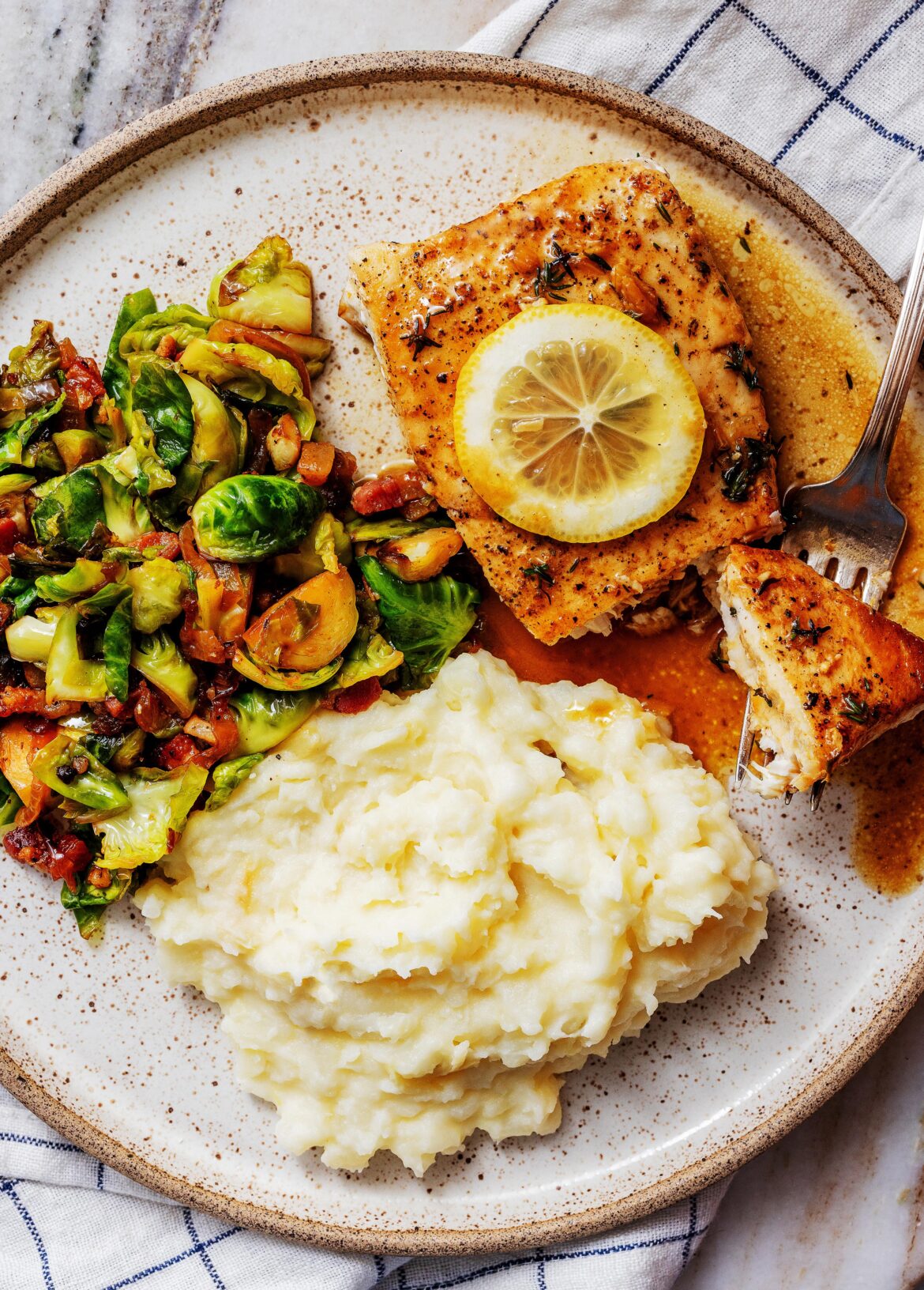 Lemon-Butter Swordfish with Brussels Sprouts and Pancetta