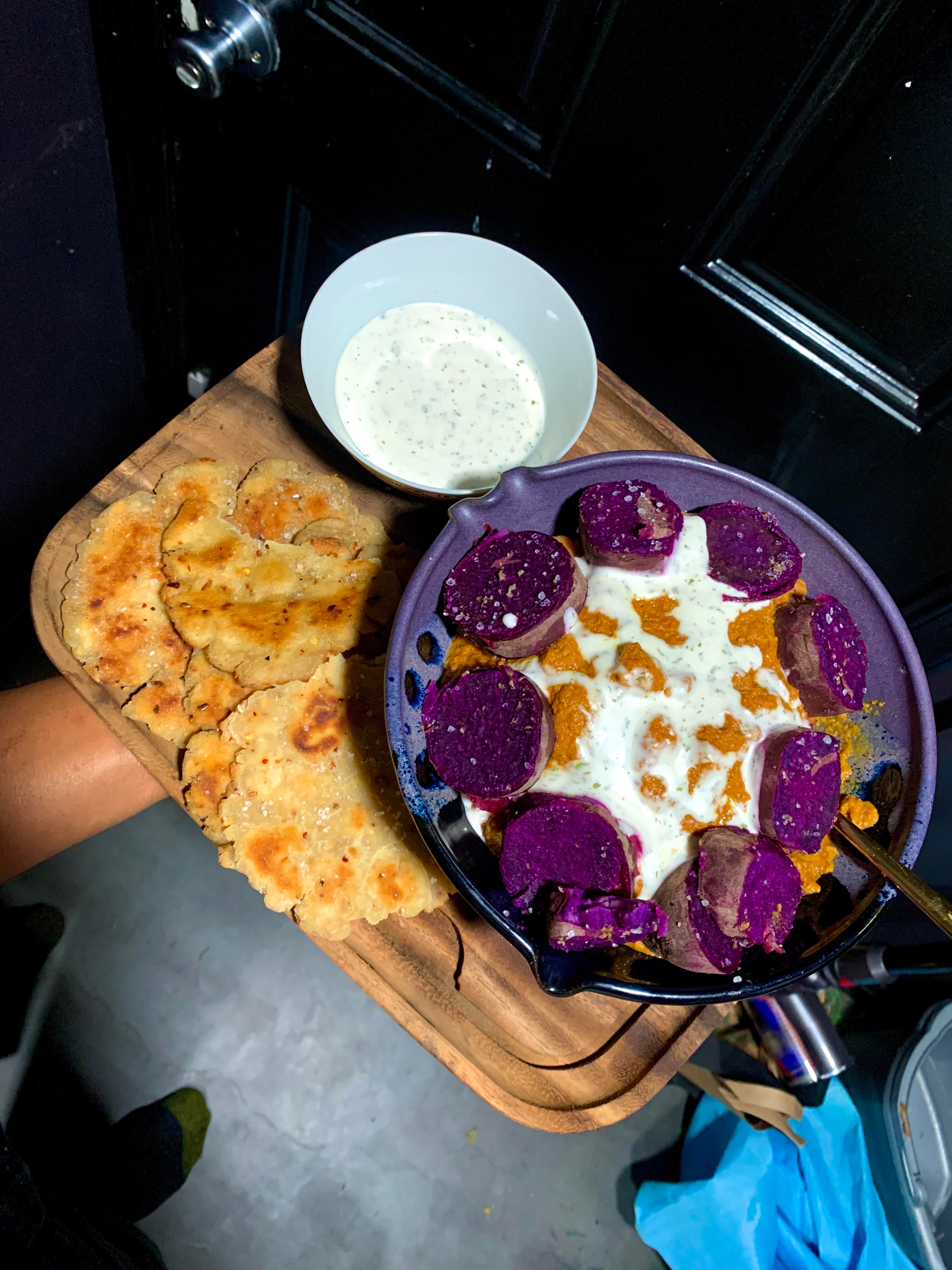 Homemade Chickpea Curry Topped With Purple Yams and (Vegan) Tzatziki