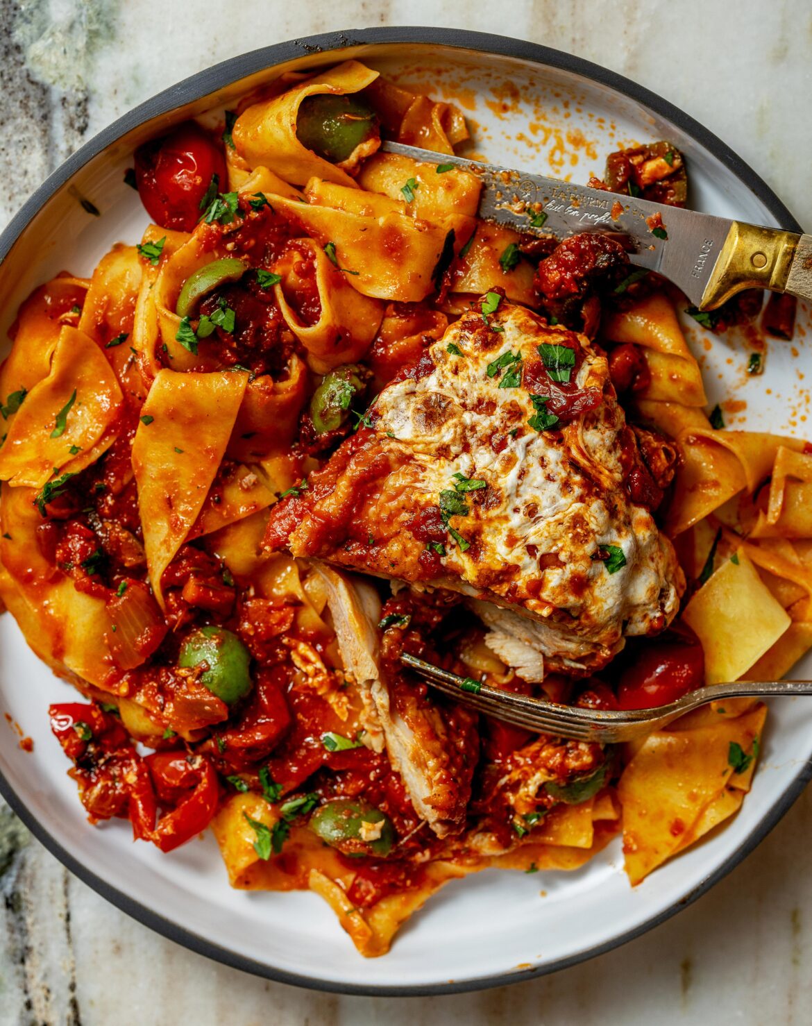 Chicken Cacciatore with Mozzarella and Pasta