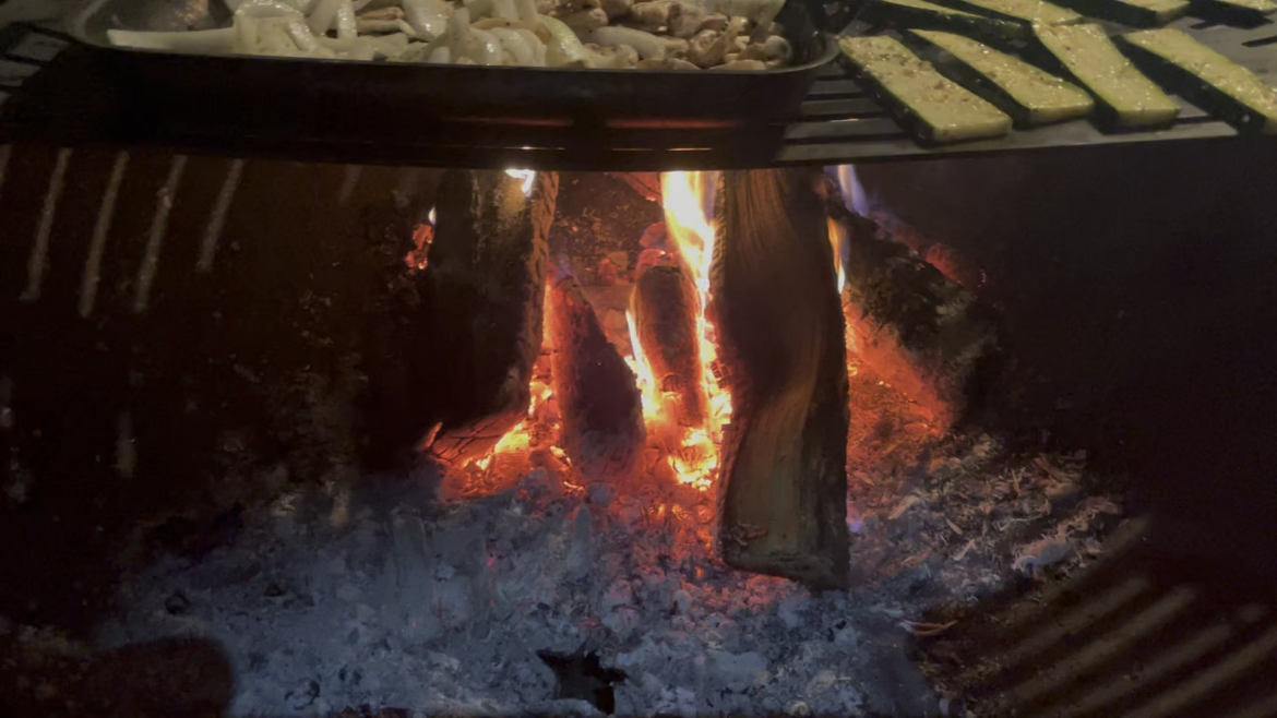 Inaugural cook on a 48” fire pit with stainless cooking grate. Grass fed Ribeye and Strips, plenty of room for zucchini, mushrooms onions and potato- ASMR turn up volume!