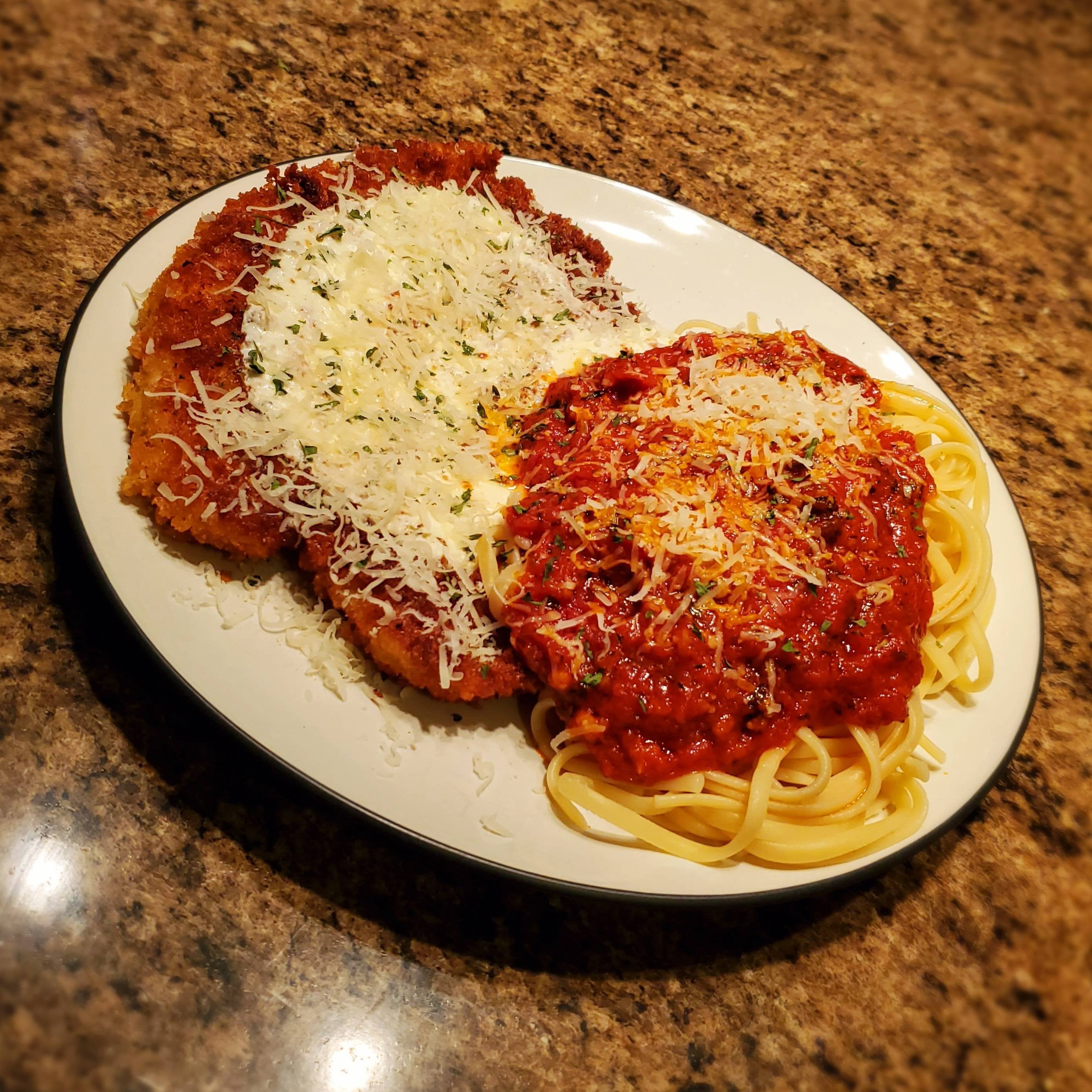 Chicken parm with homemade marinara. Didn't have breadcrumbs, so I used