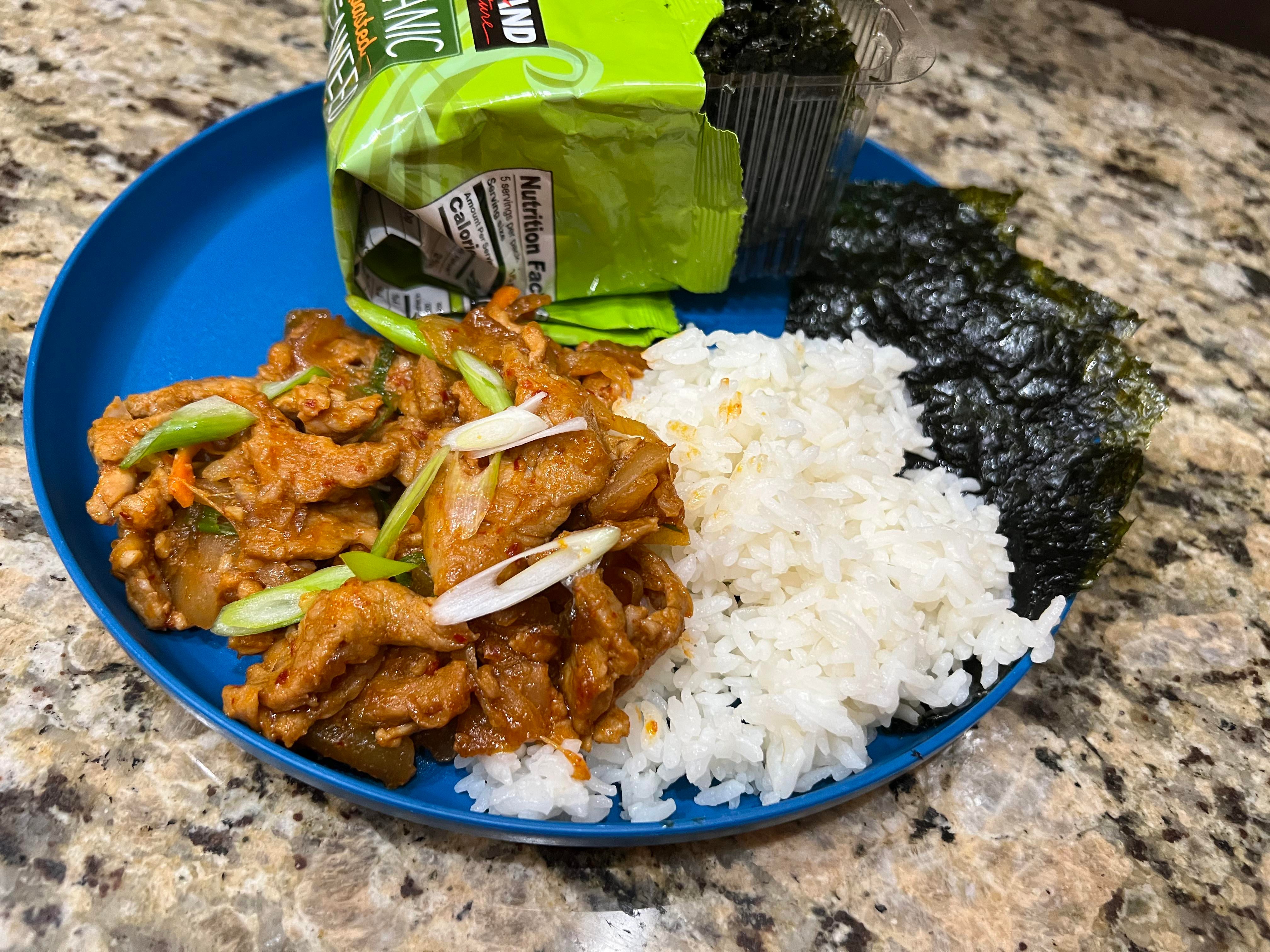 Spicy Korean pork stir fry w/Costco seaweed Dining and Cooking