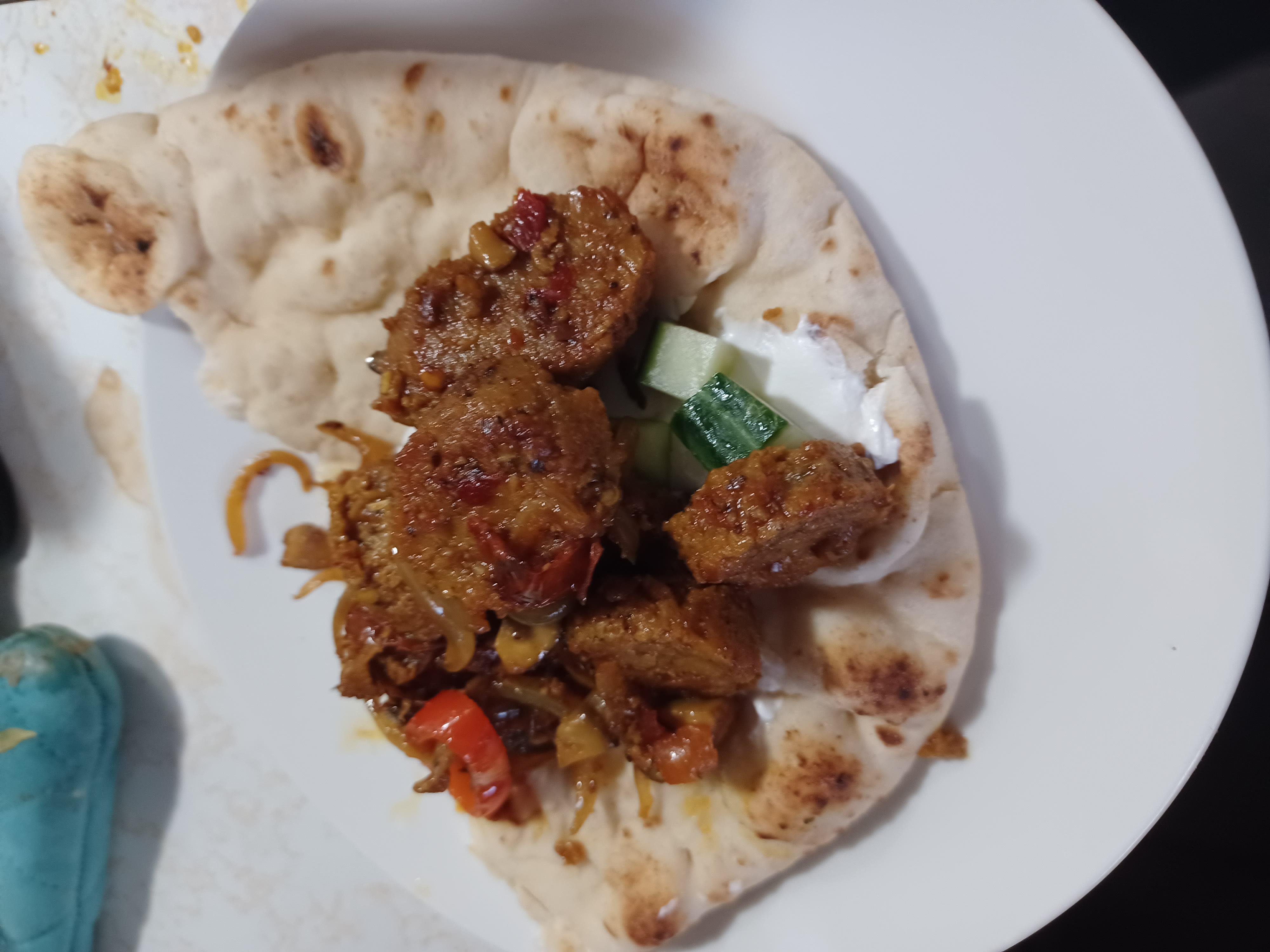 vegan sausage sautéed onion,peppers,mushrooms, garlic. diced cucumber