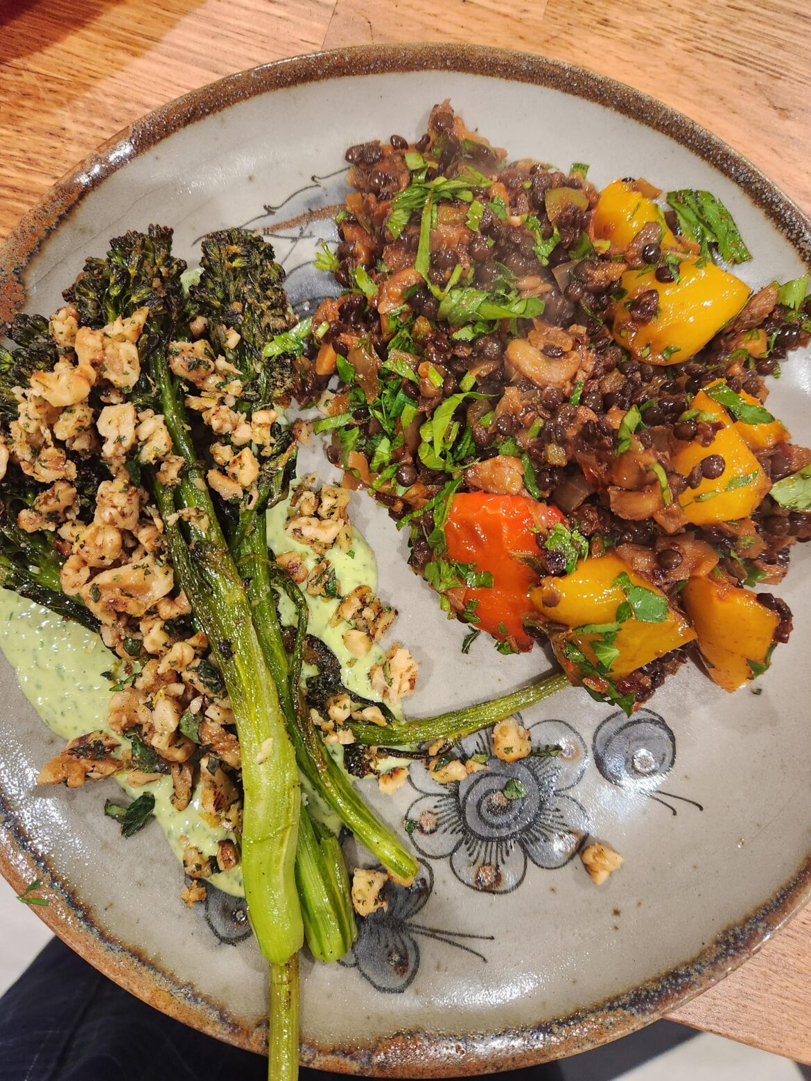 Spicy lentils and herb-y yogurt broccolini