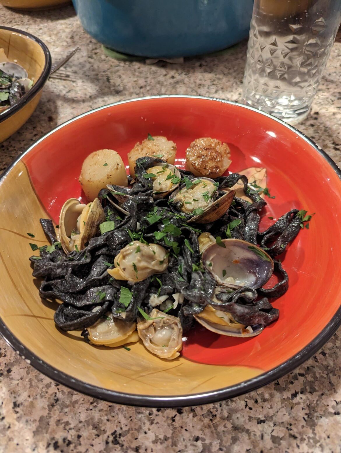 Squid Ink Linguine with Clams and Seared Scallops