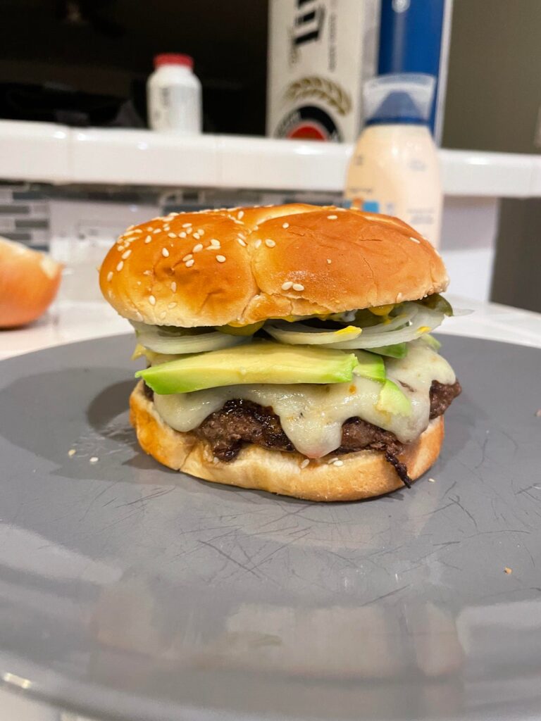 Made a cheeseburger with avocado, pepper jack, pickles, onions and special sauce