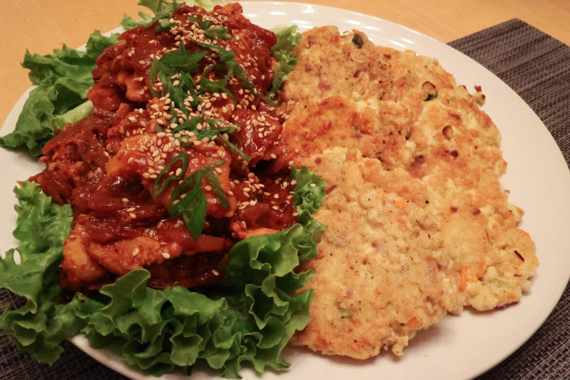 Korean inspired Hannukah latkes: dubu latkes with dwaejigogi kimchi bokkeum