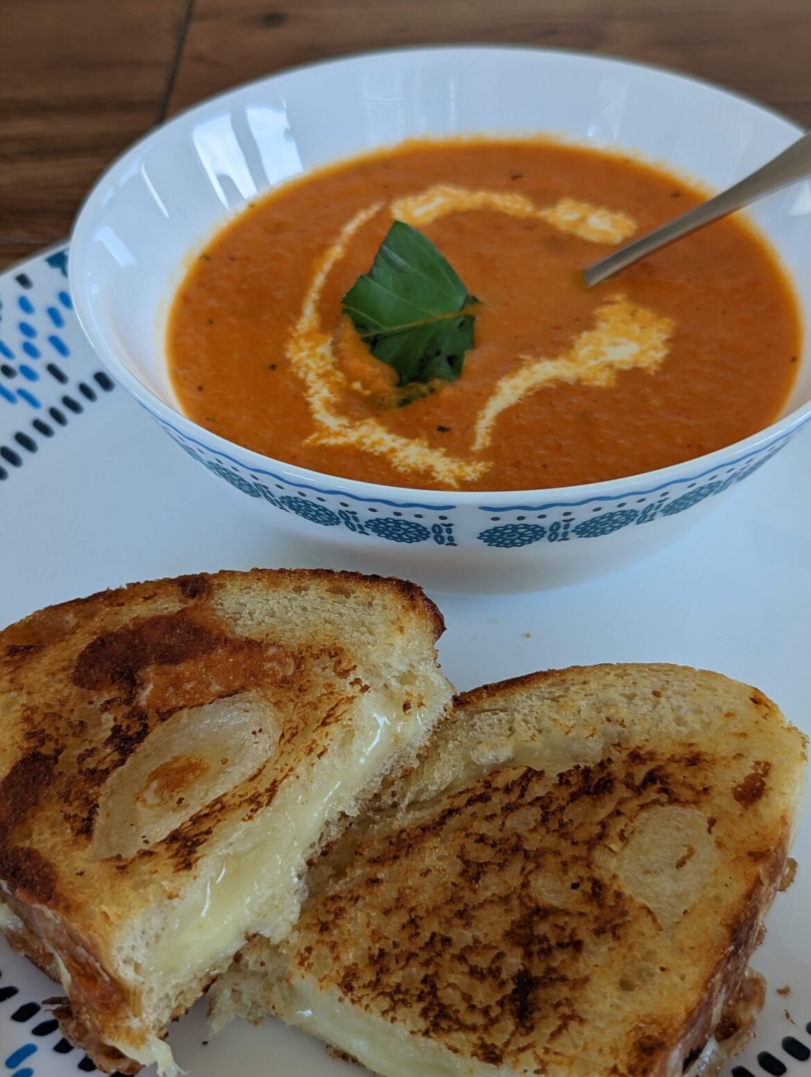 Tomato basil soup and grilled cheese