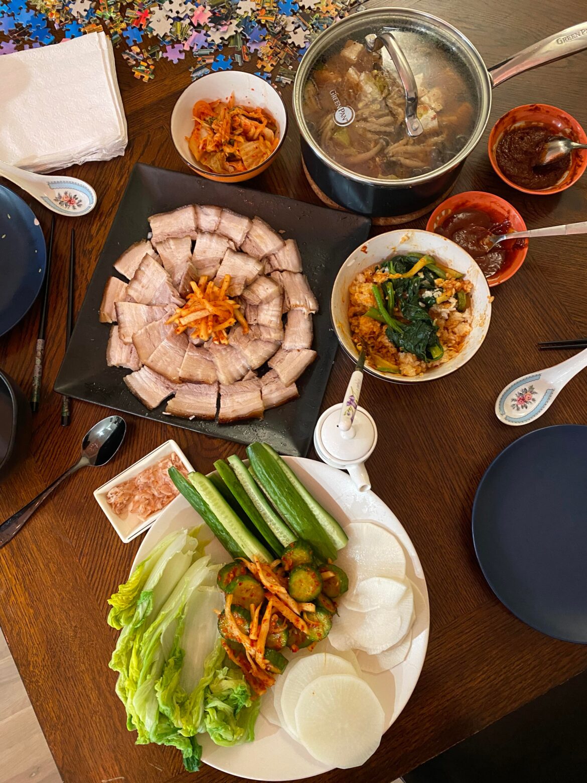 bossam, banchan, fried rice and doenjang jjigae!