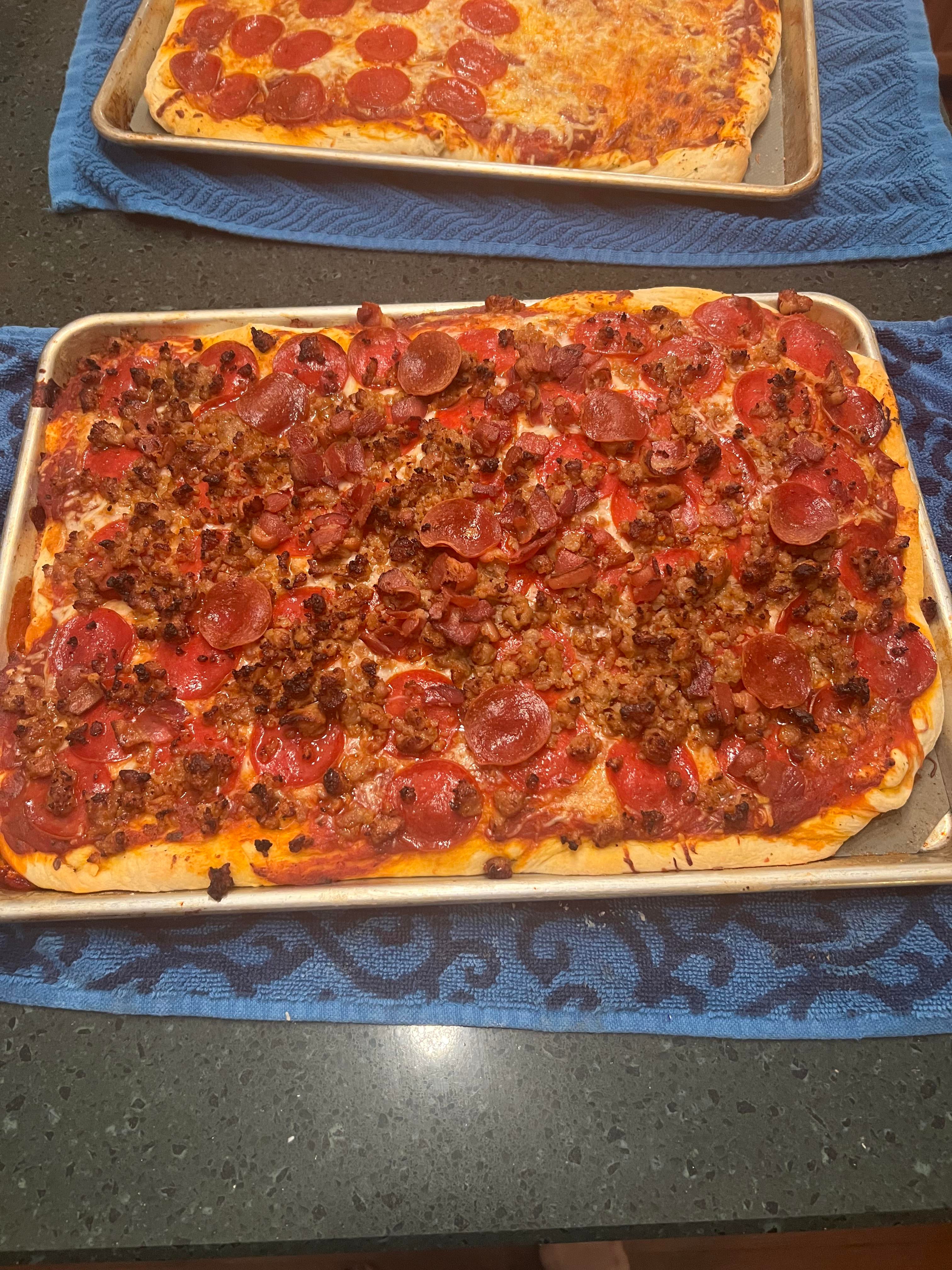 Homemade meat lovers pizza courtesy of my 15 year old son. Dining and
