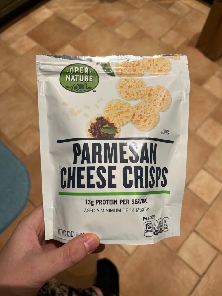 These parm crisps are a deliciously indulgent snack or salad topping. 150 cal for 23, have an extremely deep Parmesan flavor. I use them in salads or as a snack!