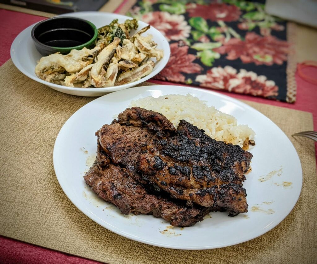 Charcoal Cooked Galbi, Tempura, and Beef Tallow Rice