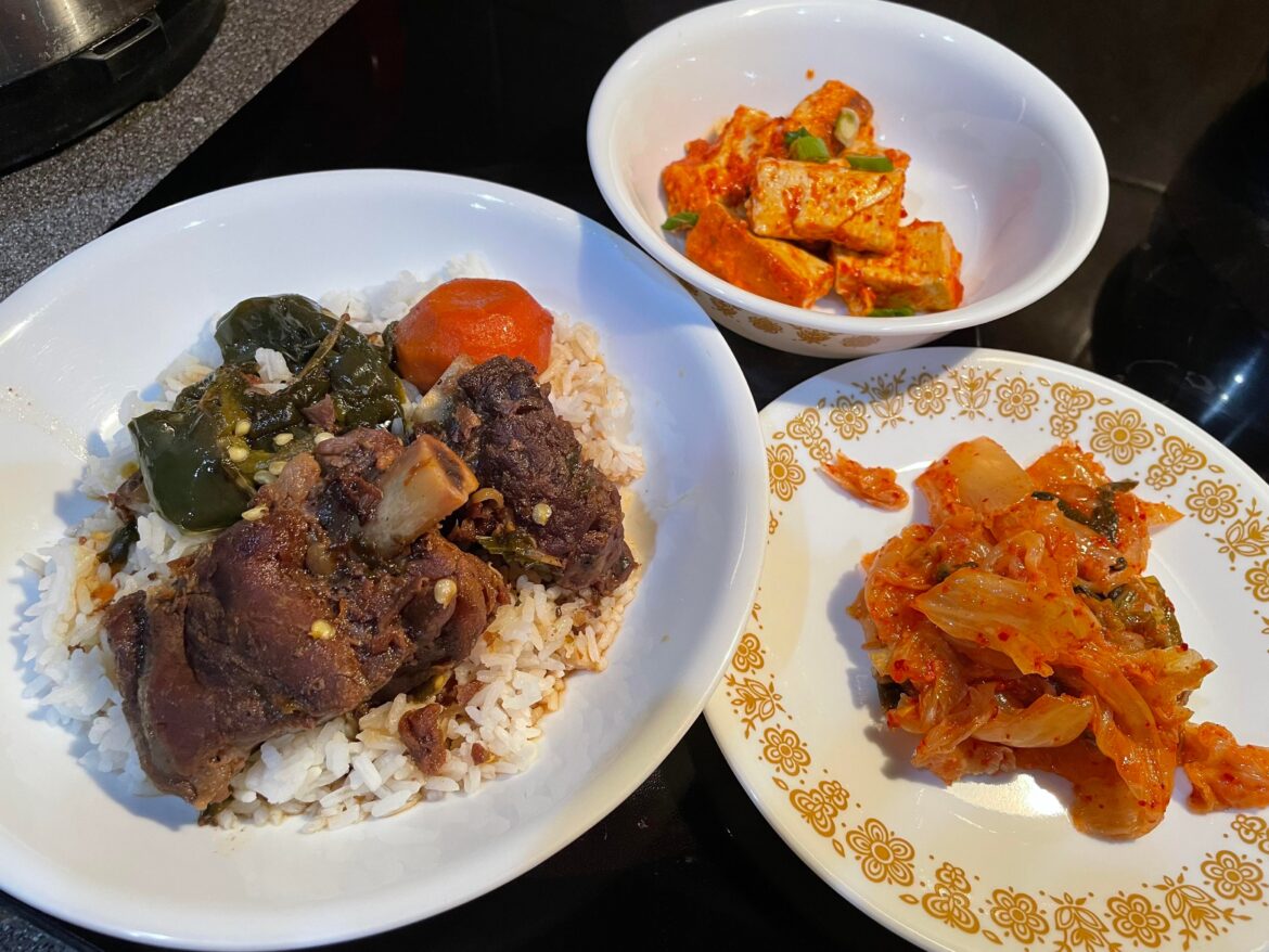 Galbi-jjim, seasoned bean curd and kimchi from Zion Market. Fairly inexpensive.