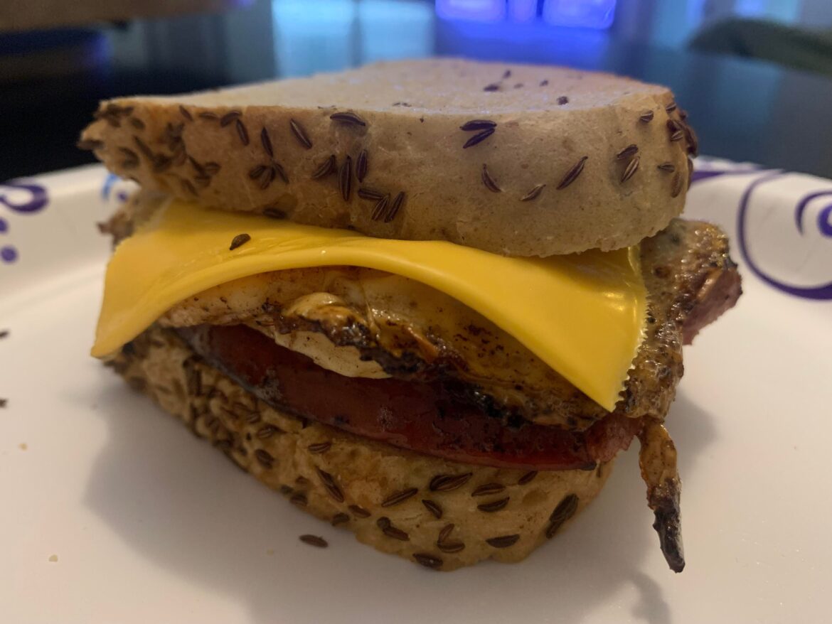 Kielbasa, egg and cheese breakfast sandwich