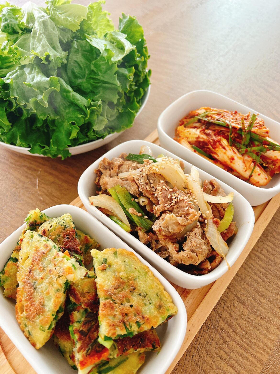 (OC) Fresh Napa kimchi, marinated pork, and pa jeon