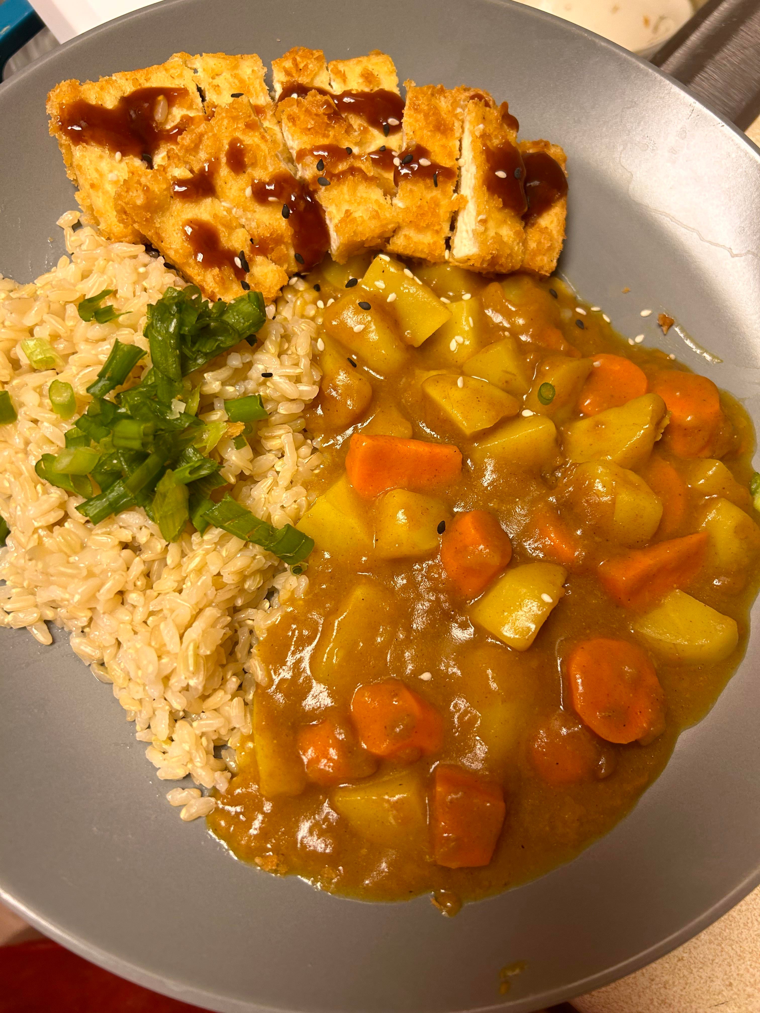 Tofu katsu with tonkatsu sauce and Japanese curry with brown rice