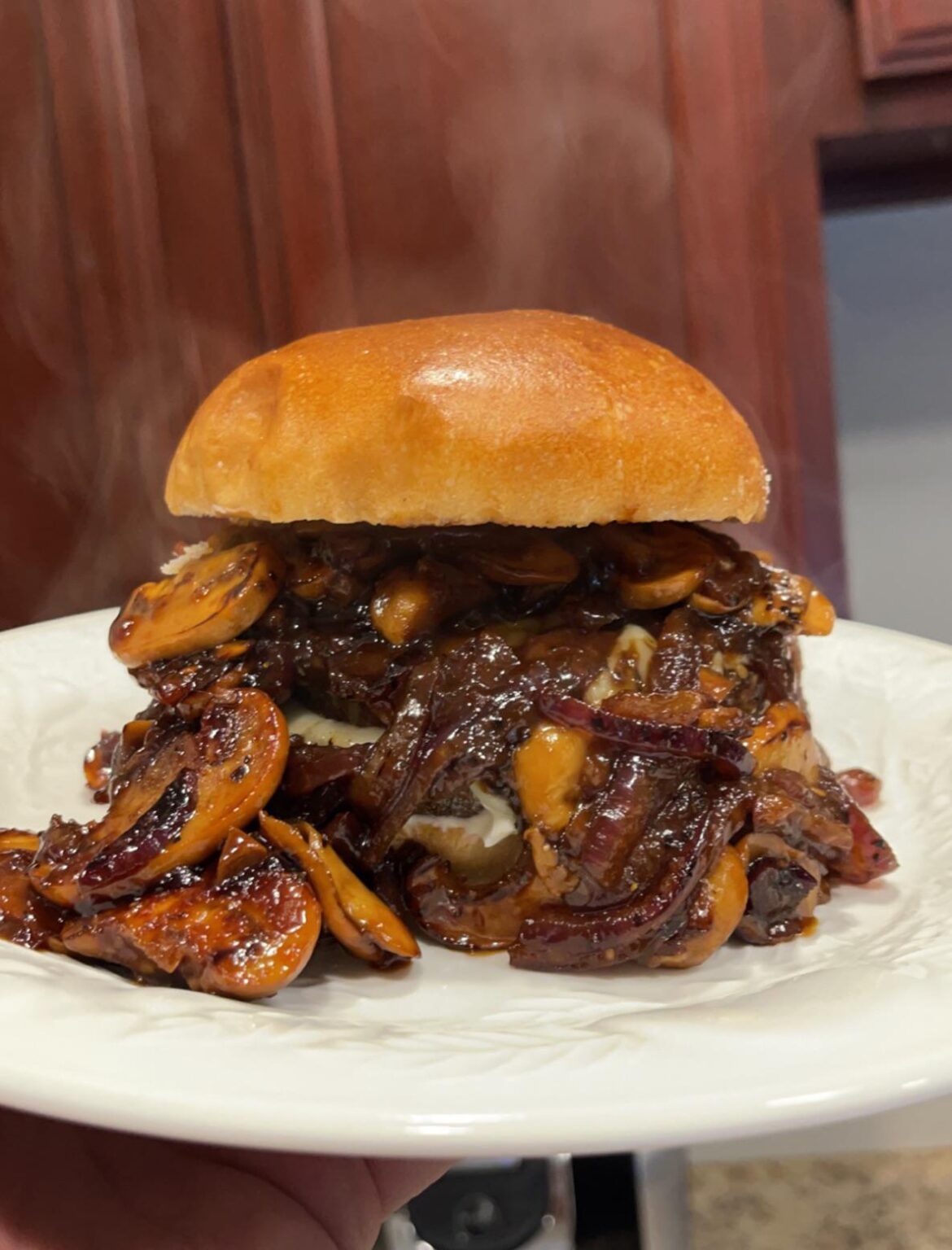 Had a few drinks the other night, ended up making an insane whiskey mushroom teriyaki burger