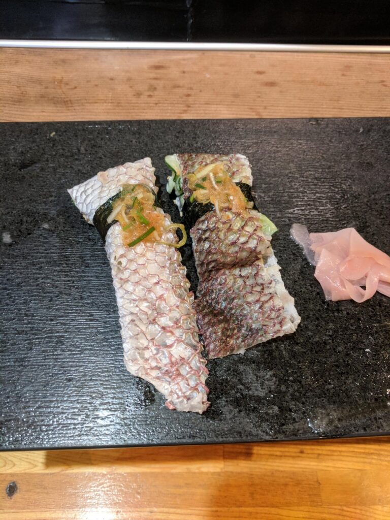 Red snapper skin and monk fish liver sushi I at in Osaka. More in comments