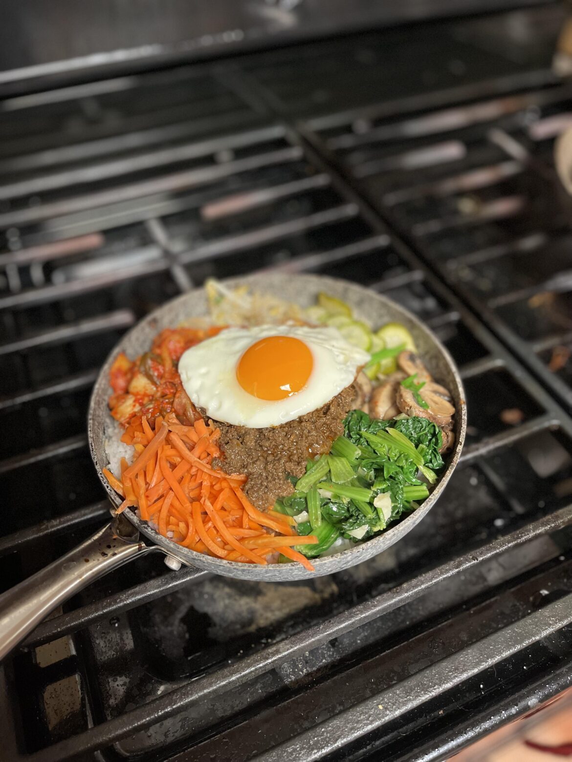 Homemade bibimbap. I did t have a stone pot so a stone pan had to suffice.