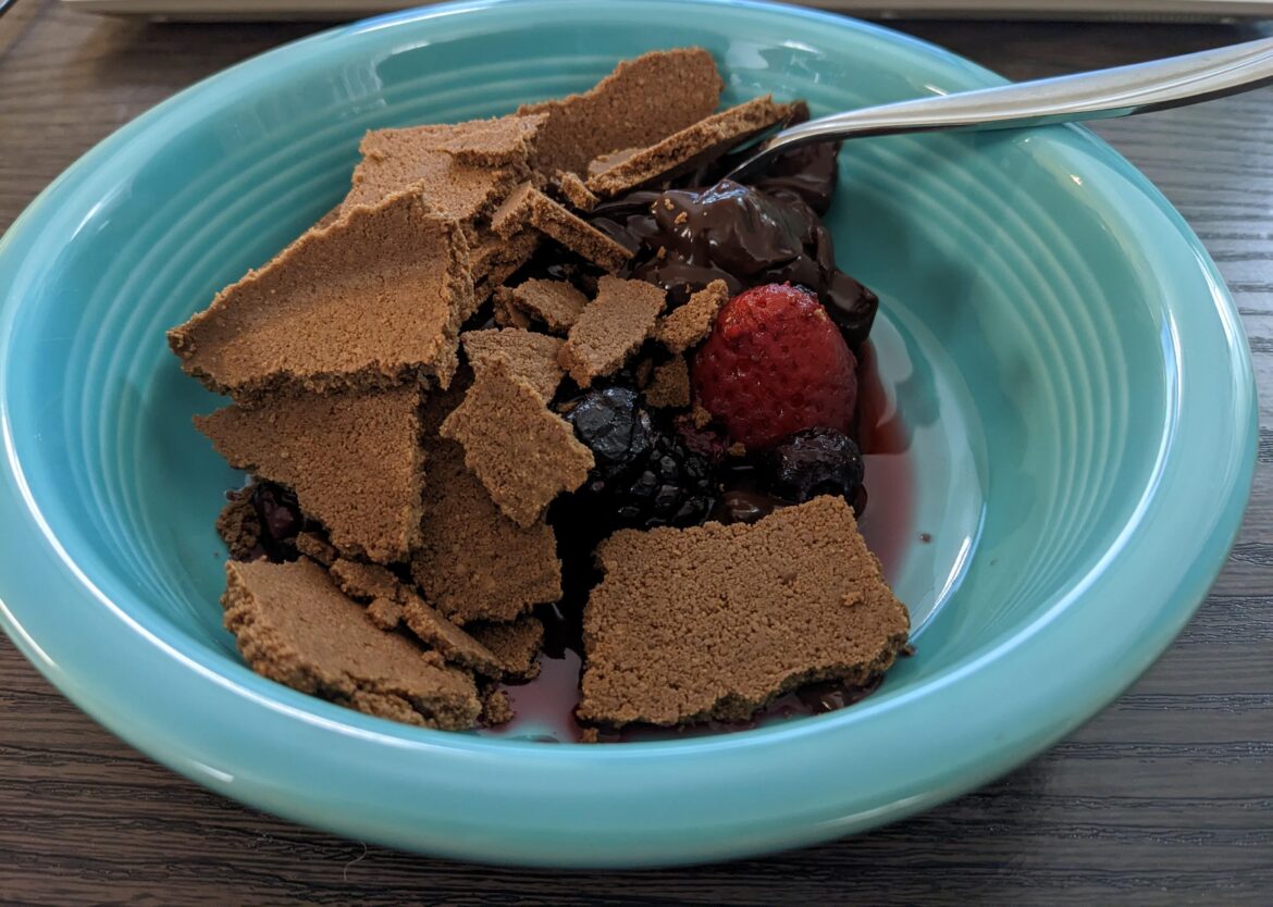 Chocolate dessert! Thawed frozen berries (35 cal) + sugar free chocolate pudding (60 cal) + 1/4 of a Keebler Chocolate Pie Crust (200 cal)