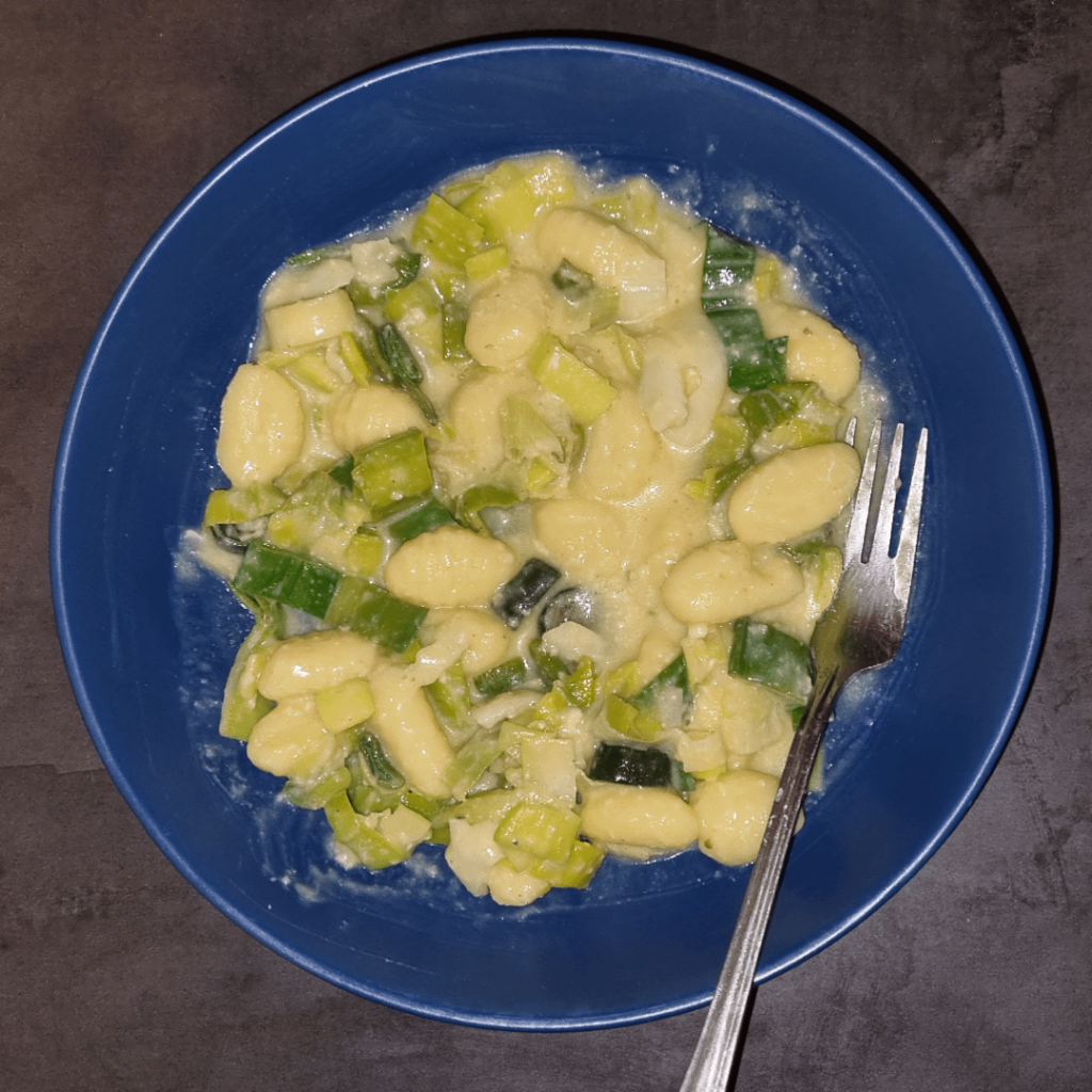 Used a carbonara base to make a veggie version (with gnocchi!)