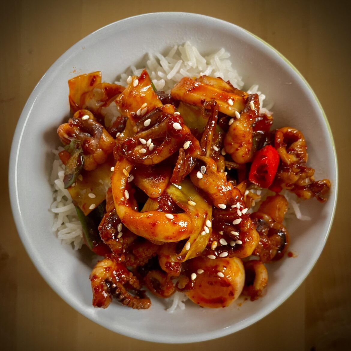 Spicy octopus over rice