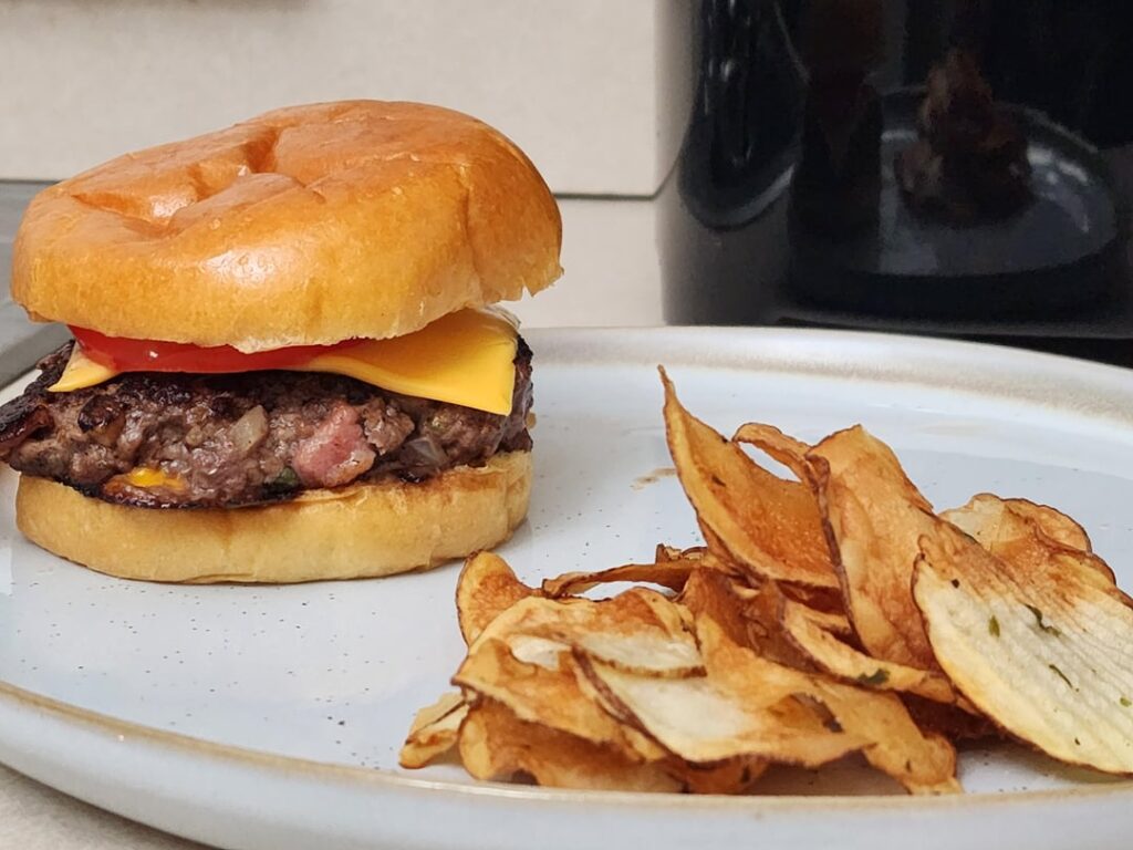 Burgers and homemade potato chips