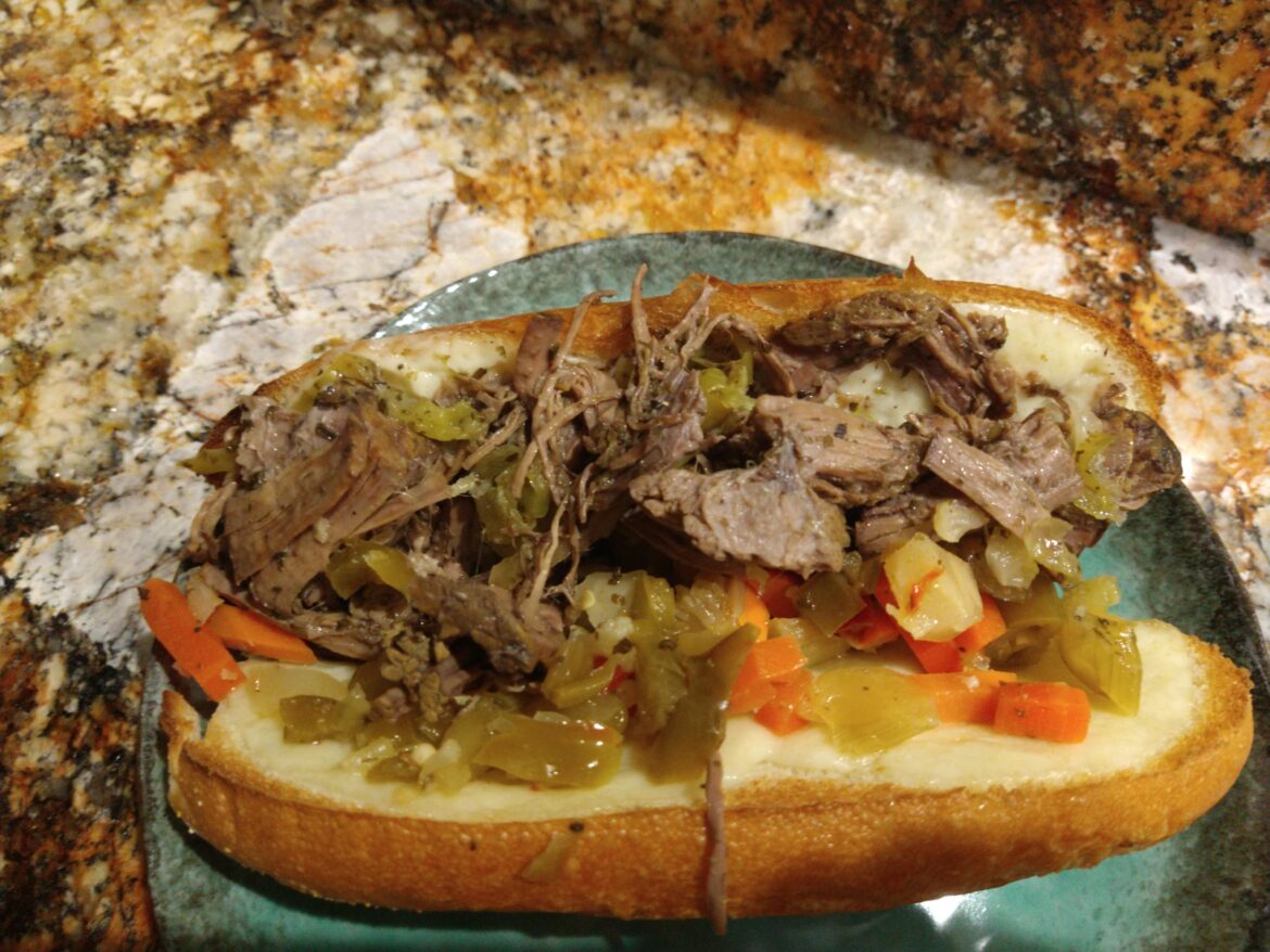 Italian Beef sandwich with Giardiniera and Provolone Cheese