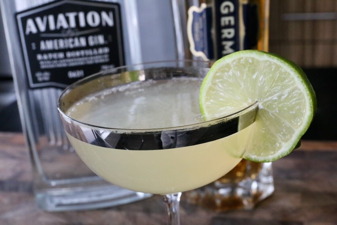 A French Gimlet Cocktail featuring Gin, St Germain and Lime Juice.