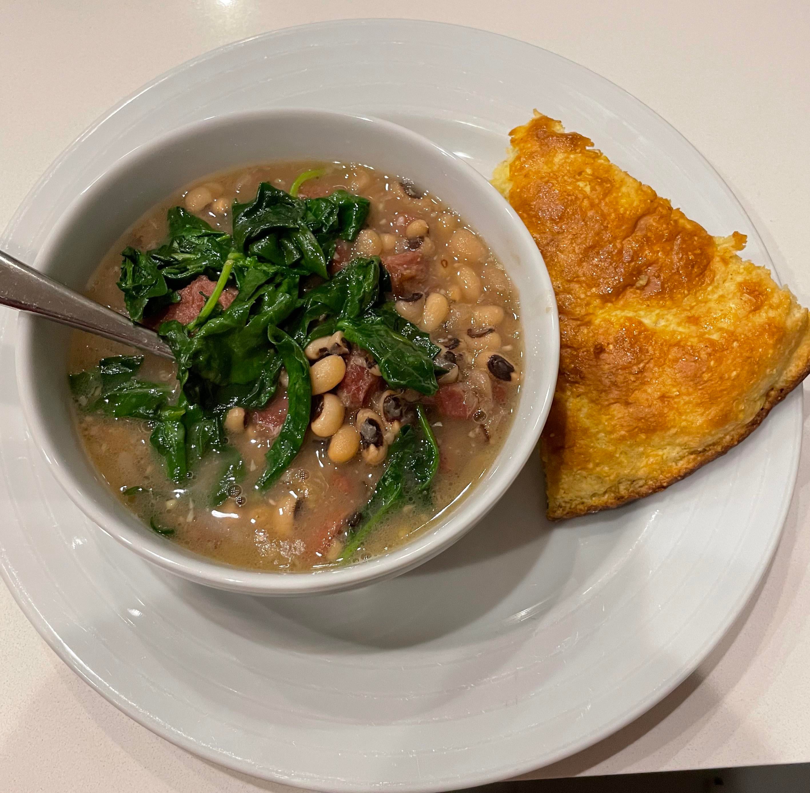 New Years dinner, black eyed peas, ham, greens, and scratch made