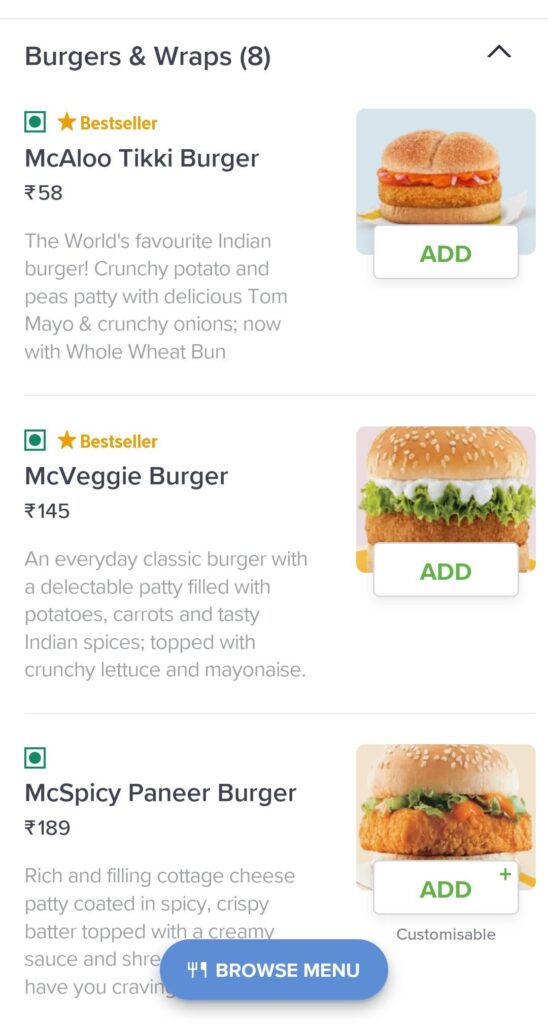 McDonald's India Vegetarian Menu