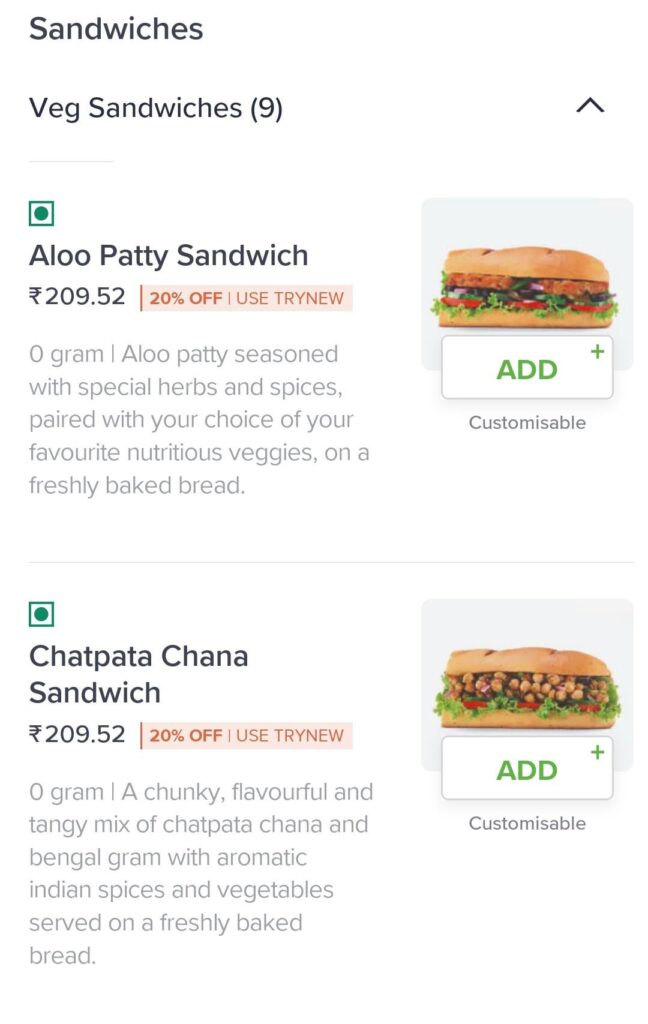 Subway India Vegetarian Menu