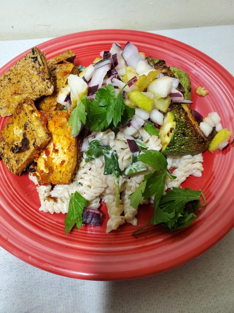 Pasta made from Quinoa Spicy Tofu and Pear Relish